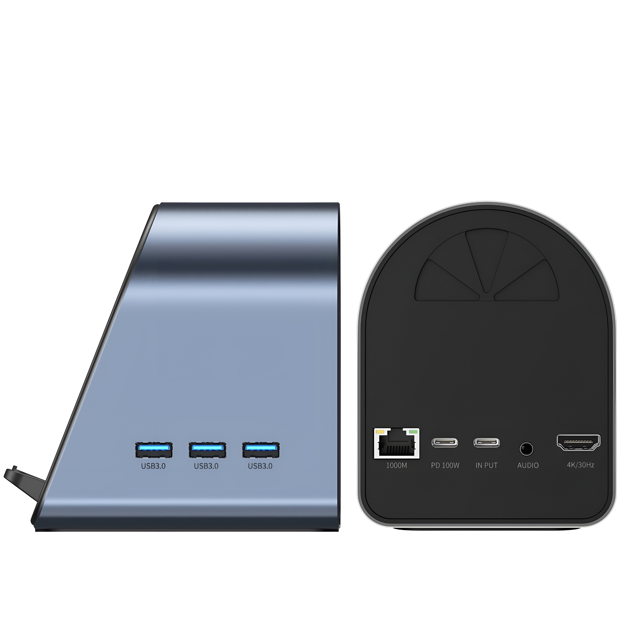 Eine blau-graue Dockingstation mit drei USB-Anschlüssen und weiteren Anschlüssen auf der Rückseite, einschließlich HDMI.