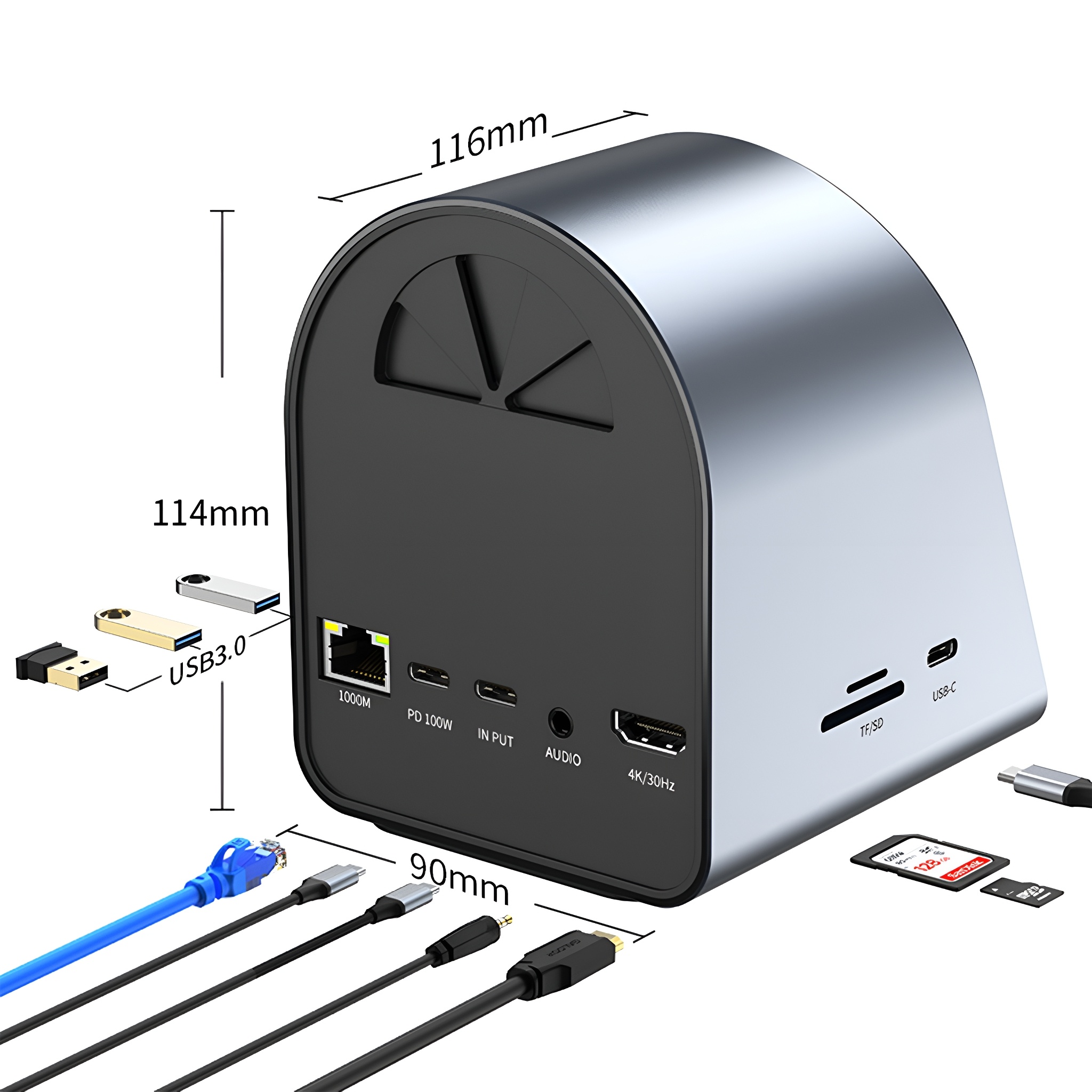 Ein silbernes Gerät mit verschiedenen Anschlüssen, einschließlich USB, HDMI und Ethernet, mit Kabeln und Geräten.