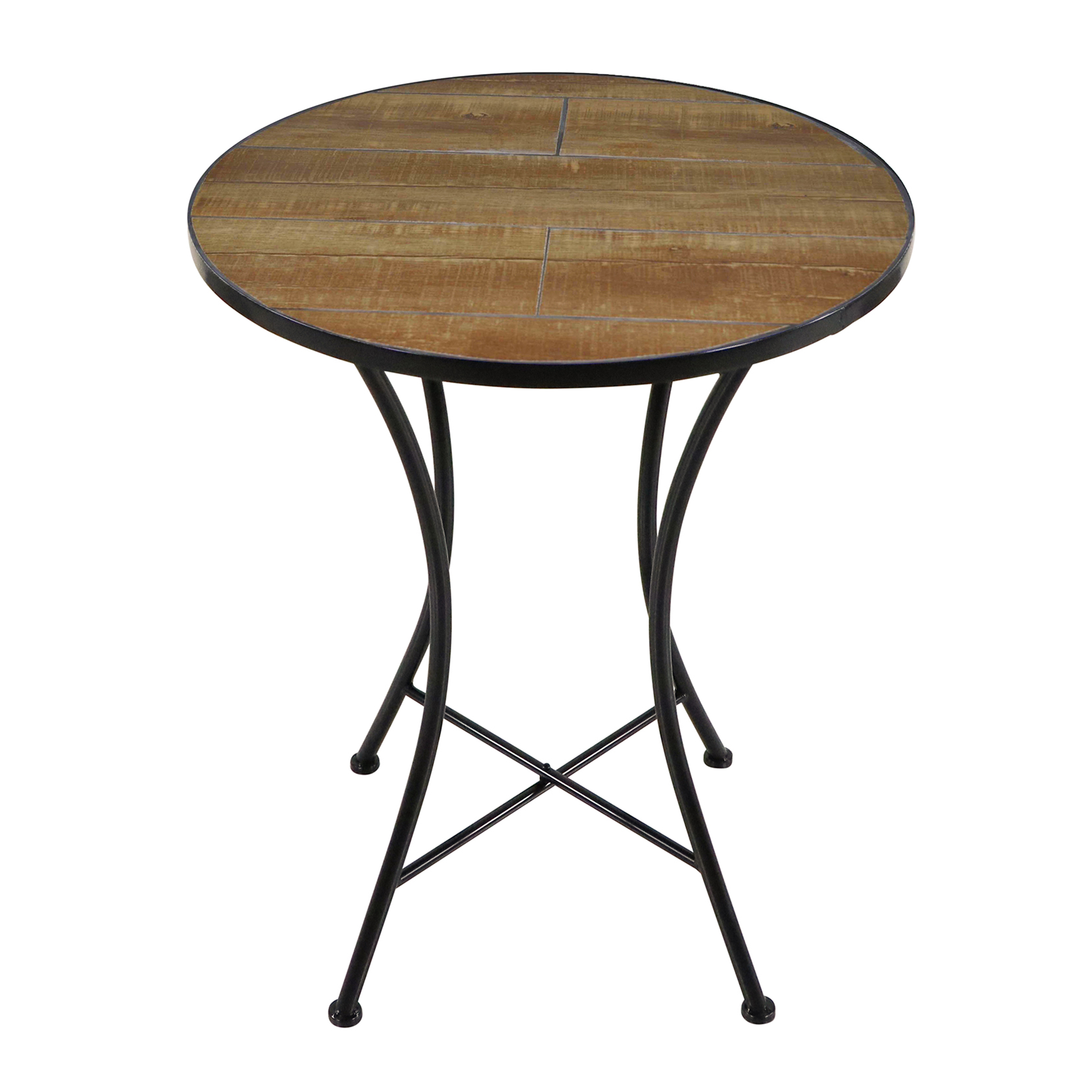 Runder Holztisch mit schwarzen Metallbeinen, aus der Vogelperspektive.
