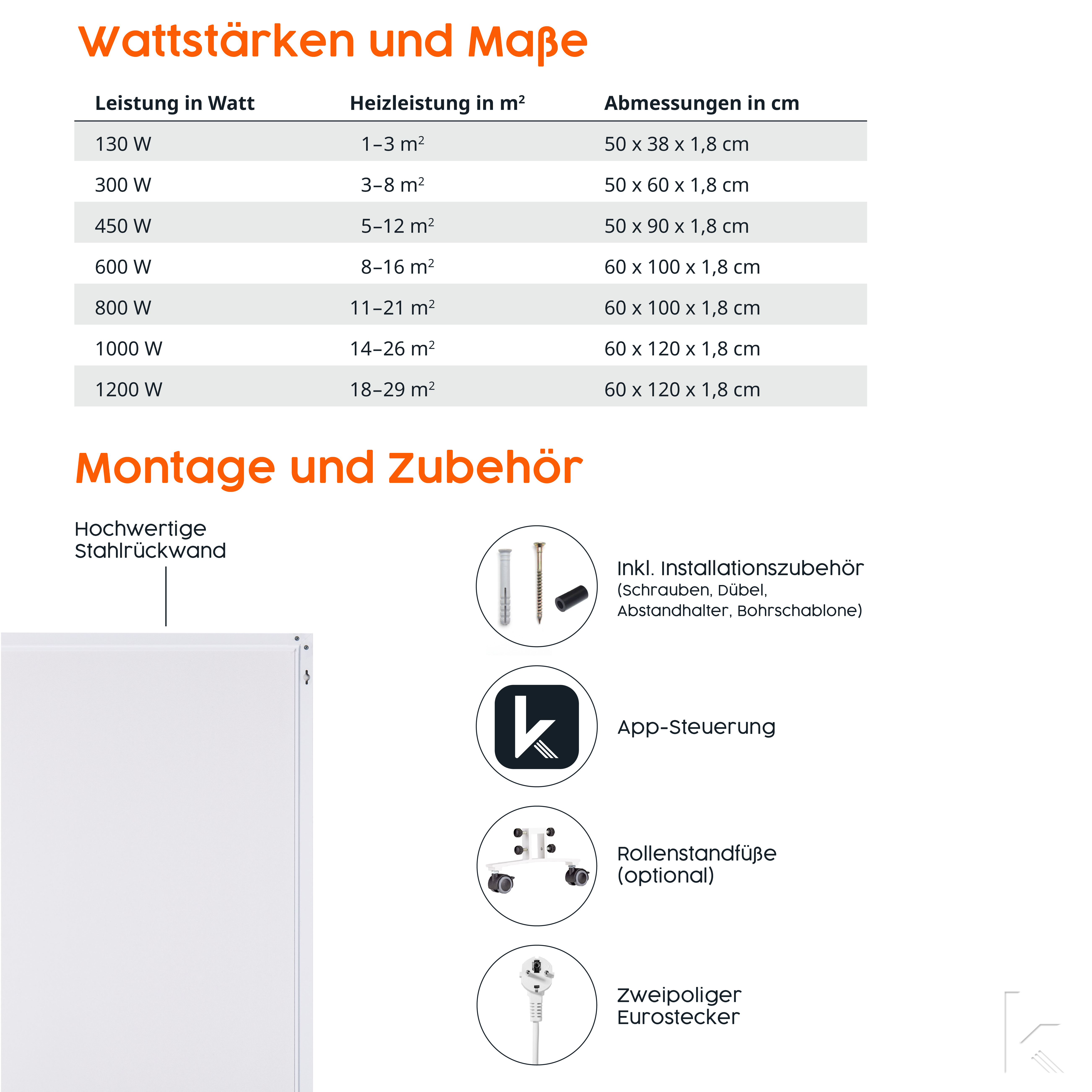 Diagramm von Wattzahlen und Abmessungen für Heizungen mit Netzkabel und Stecker.