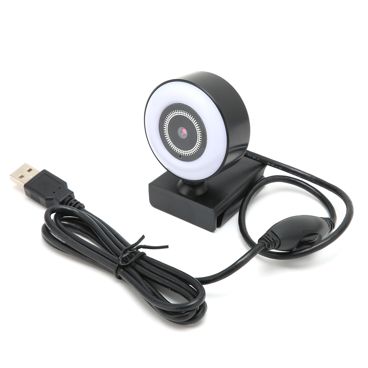 Eine schwarze Webcam mit Ringlicht, befestigt an einer schwarzen Basis mit USB-Kabel und Steuerungsrad.