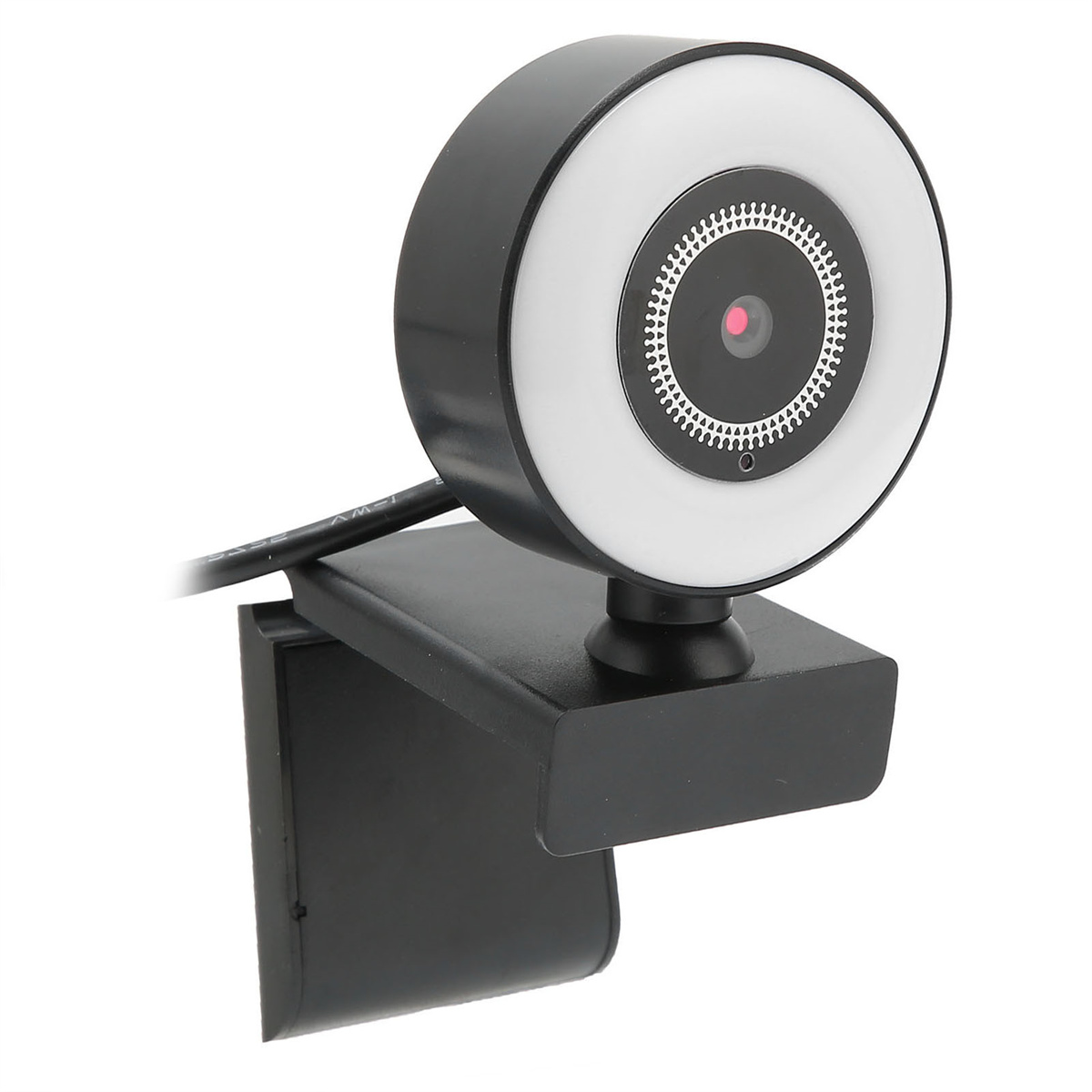Schwarze Webcam mit weißem Ringlicht um die Linse, montiert auf einem schwarzen Ständer.