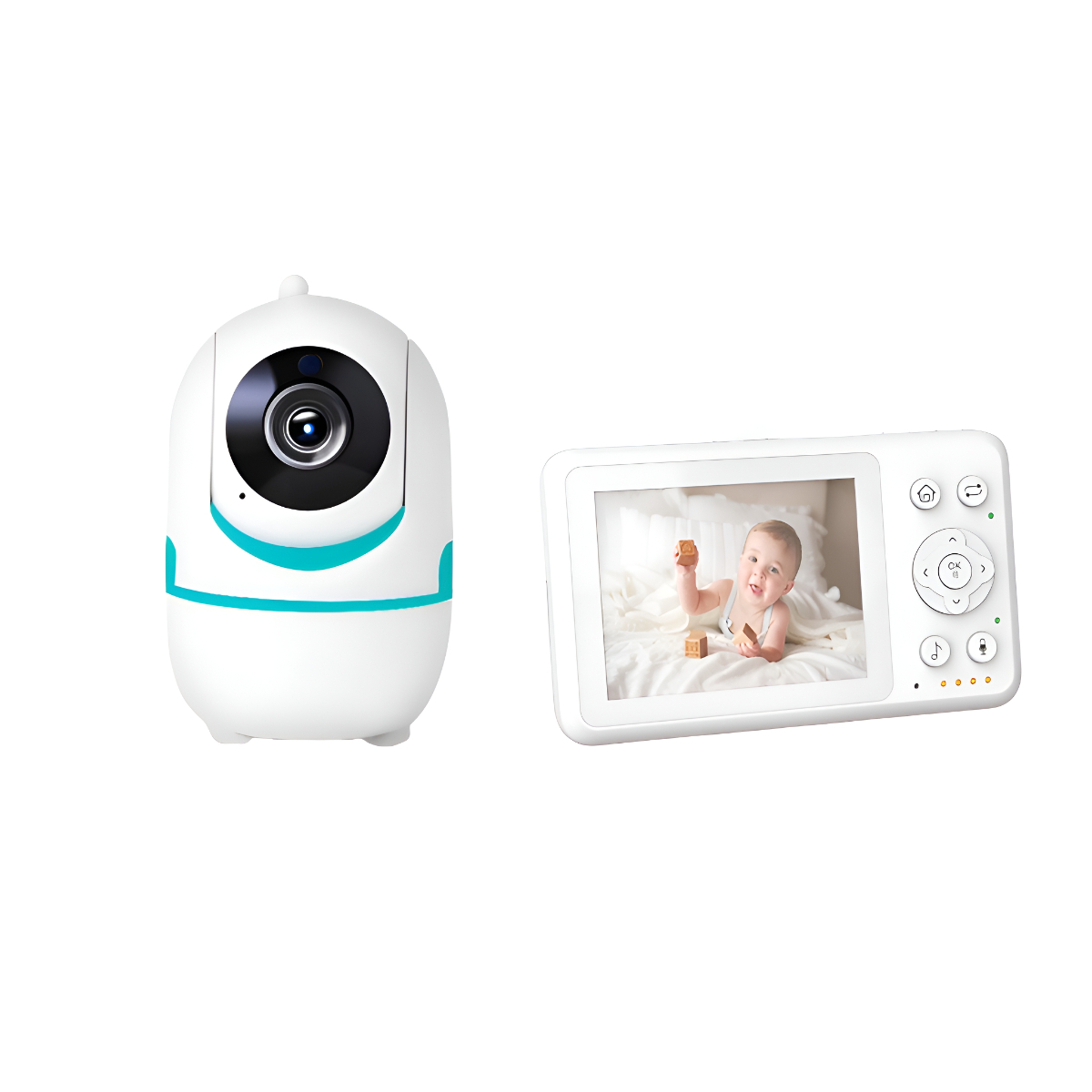 Ein Babyphone mit Kamera und einem Monitor, der ein Baby auf einem weißen Bett zeigt.
