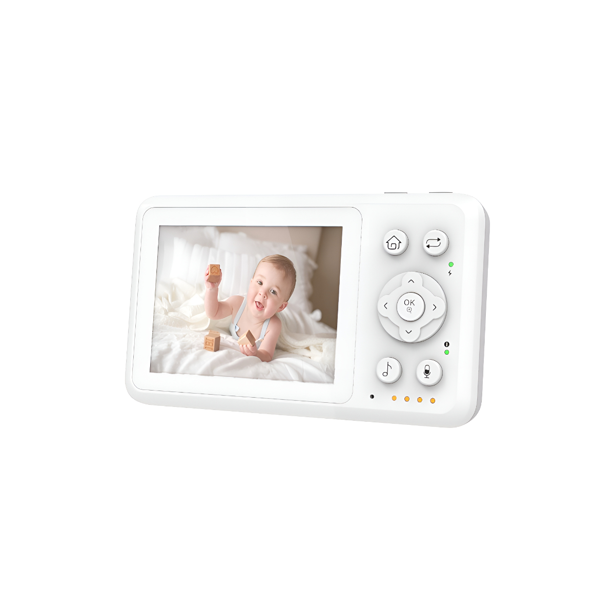 Weißer Babyphone mit Bildschirm, der ein spielendes Baby zeigt. Bedientasten befinden sich auf der rechten Seite.