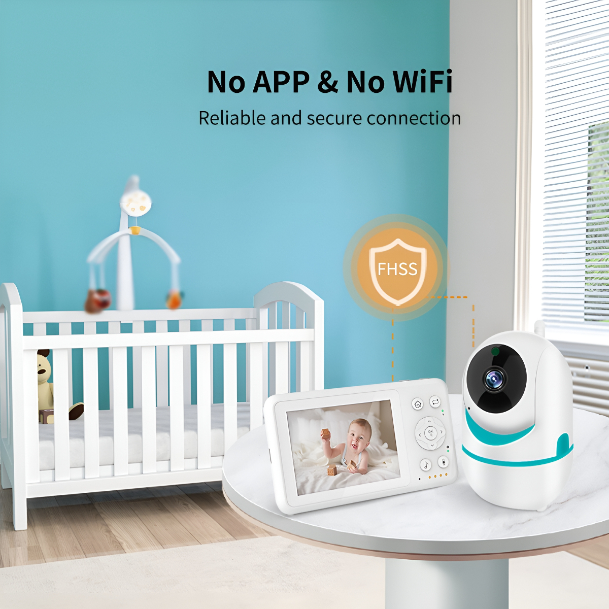 Babyphone mit Kamera und Bildschirm. Baby auf dem Bildschirm, Krippe im Hintergrund.