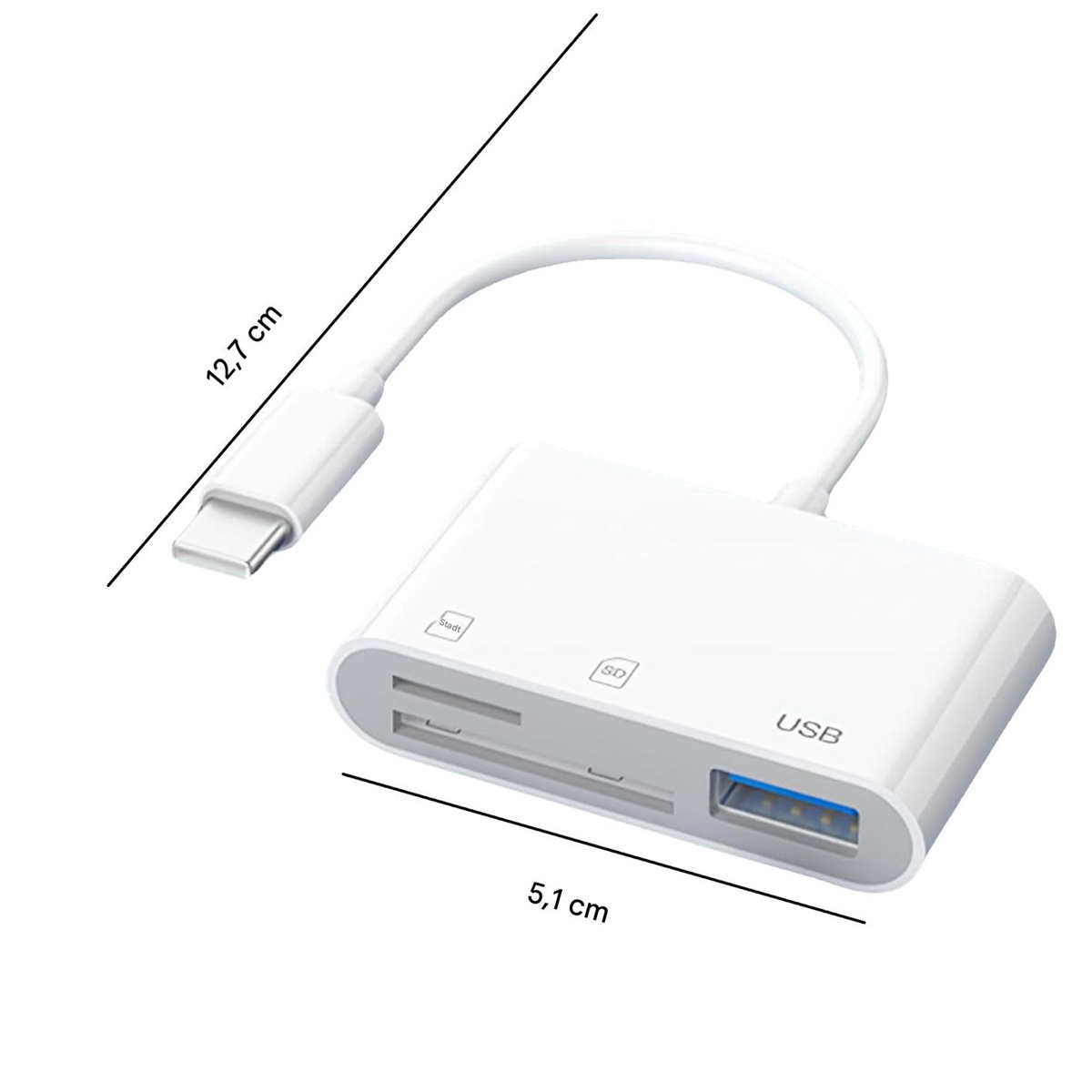 Ein weißer USB-C-zu-SD-Kartenleser mit Maßangaben auf weißem Hintergrund.