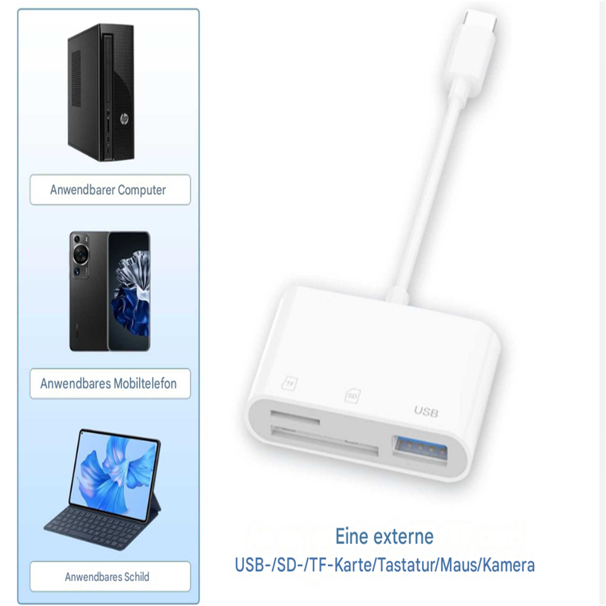 Ein weißer USB-Kartenleser mit USB-C-Kabel und drei Geräten: PC, Telefon und Tablet.