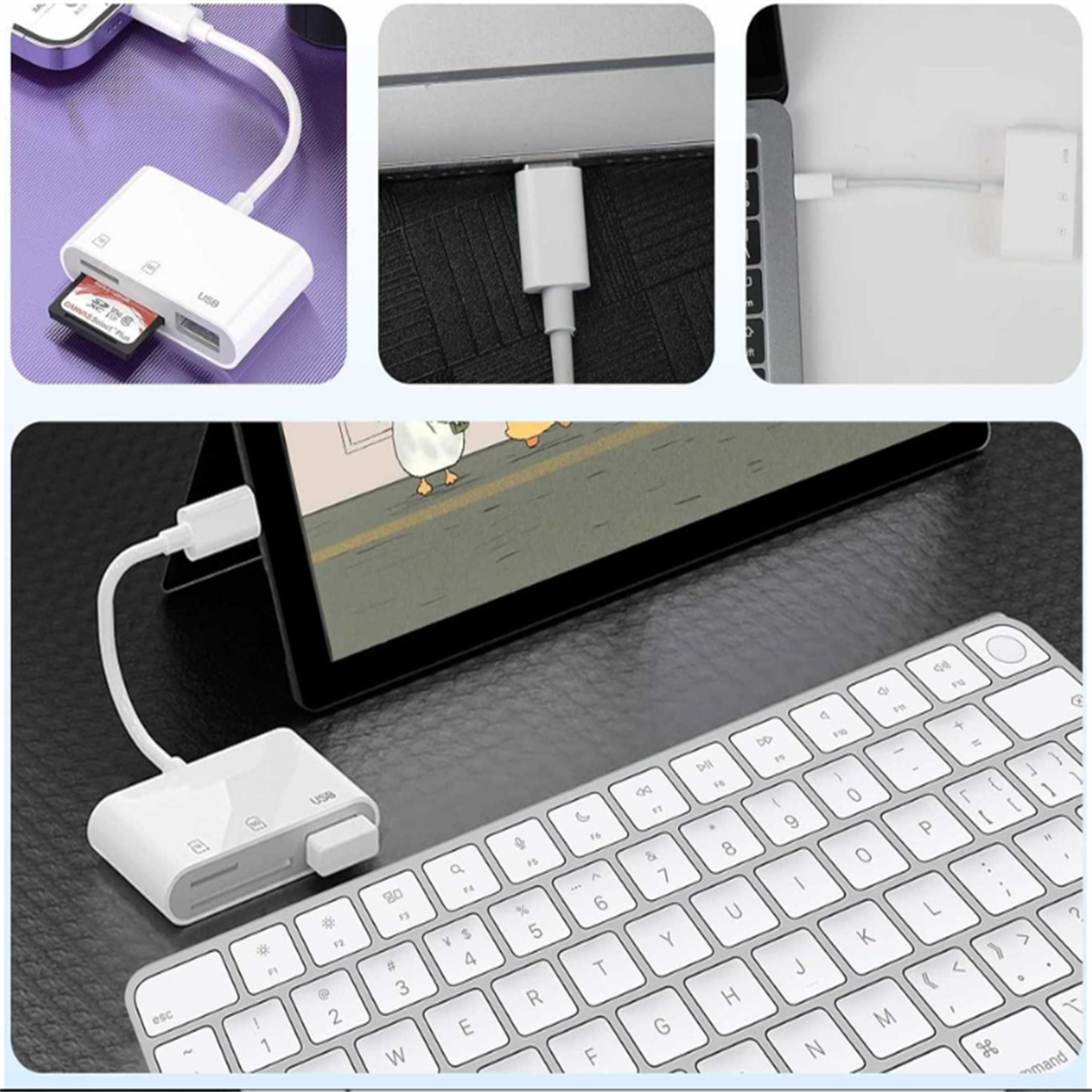 Weißer Kartenleser mit SD-Karte und USB, verbunden mit Laptop und Tastatur.