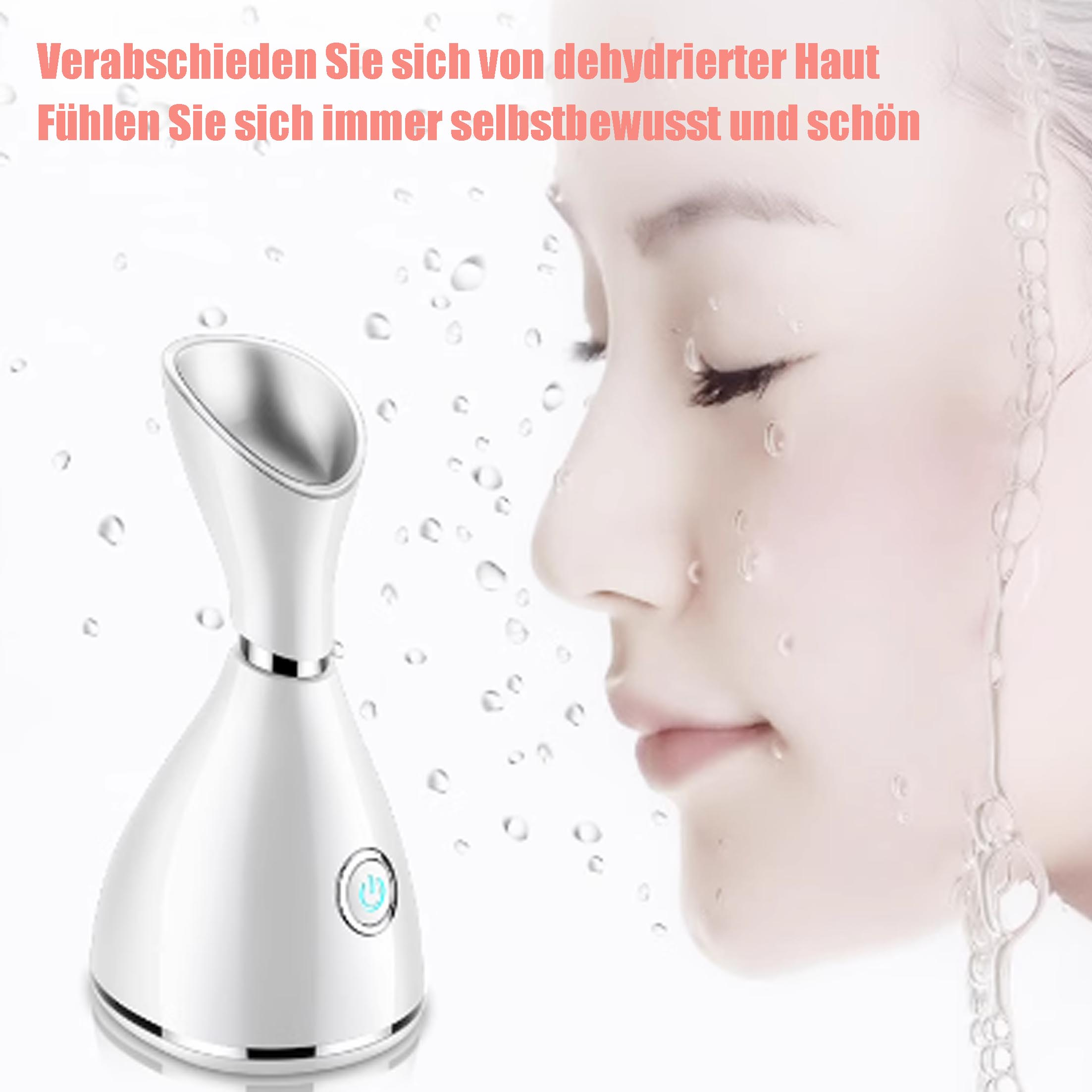 Gesicht einer Frau mit Gesichtsdampfer und Wassertröpfchen.