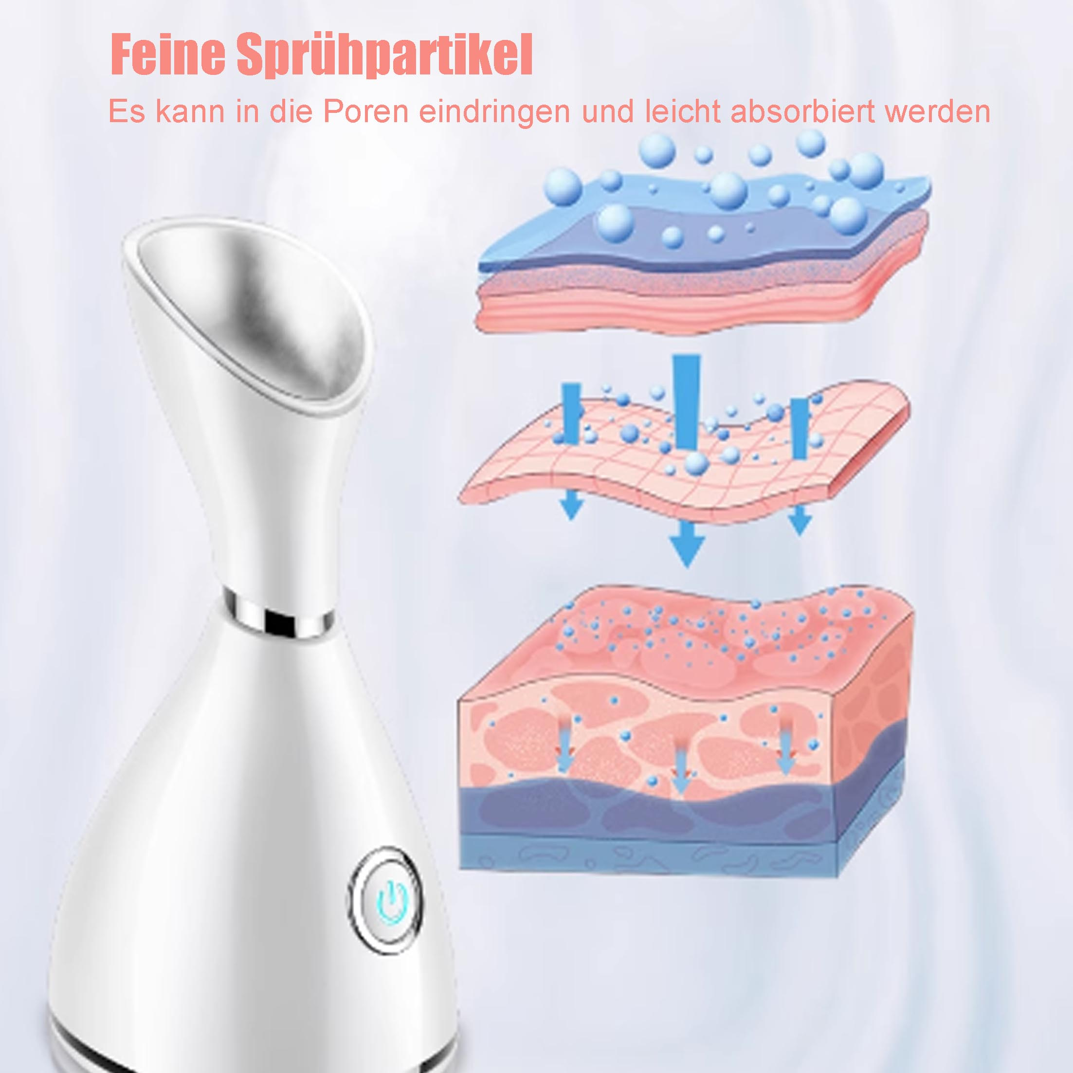 Diagramm eines Gesichtsdampfers. Dampf dringt in Hautschichten ein. Der Dampfer ist weiß mit blauem Knopf.