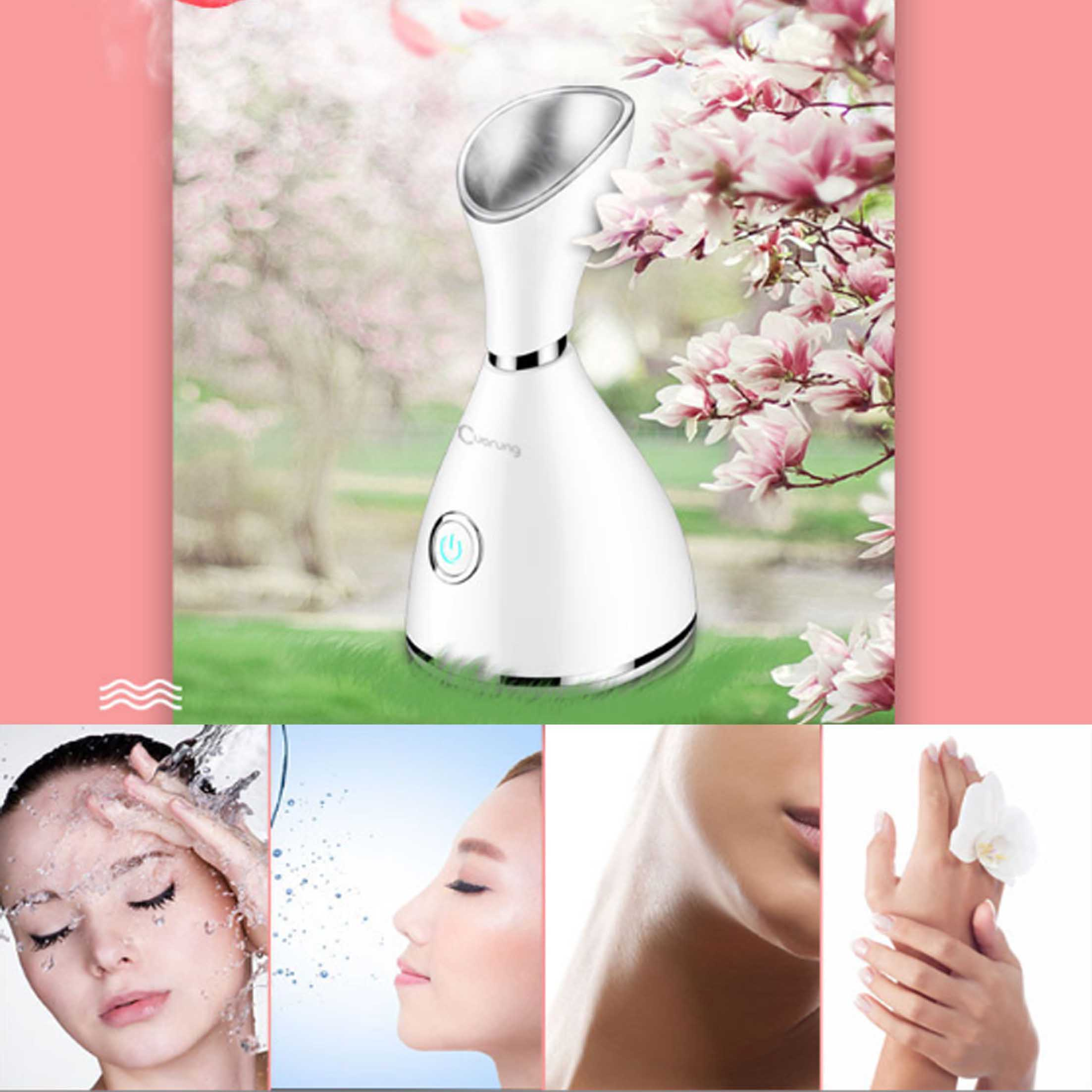 Weißer Gesichtsdampfer mit rosa Hintergrund. Außerdem Bilder von Frauengesichtern, Haut und Händen.