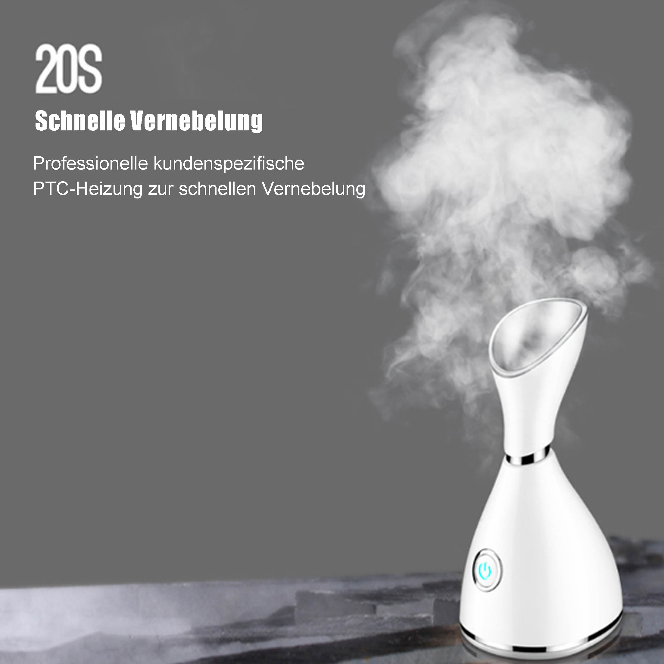 Ein weißer Gesichtsverdampfer, der Dampf abgibt, auf grauem Hintergrund mit Text links.