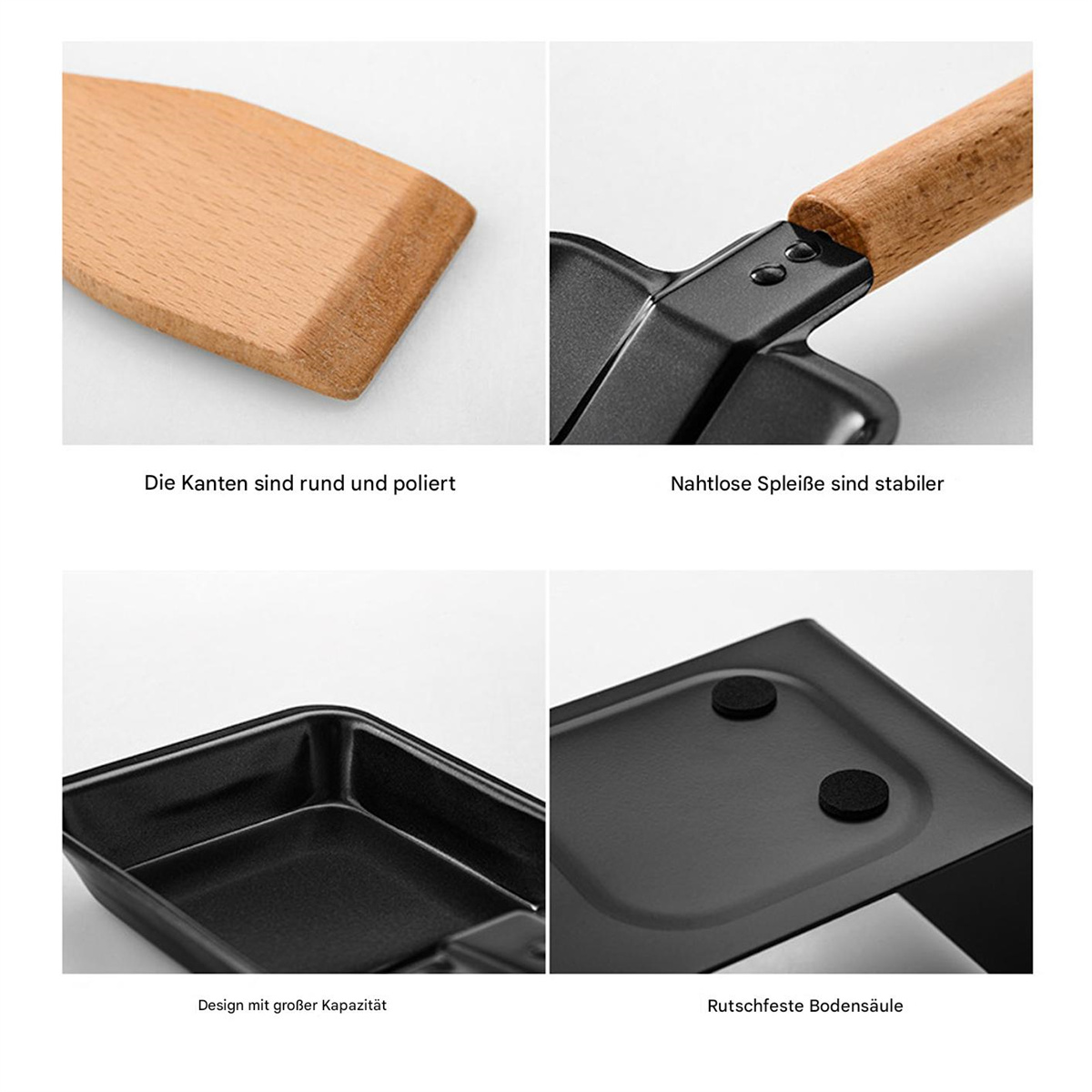 Nahaufnahme eines schwarzen Raclette-Grills, Details: abgerundete Kanten, stabiler Sockel und Holzgriff.