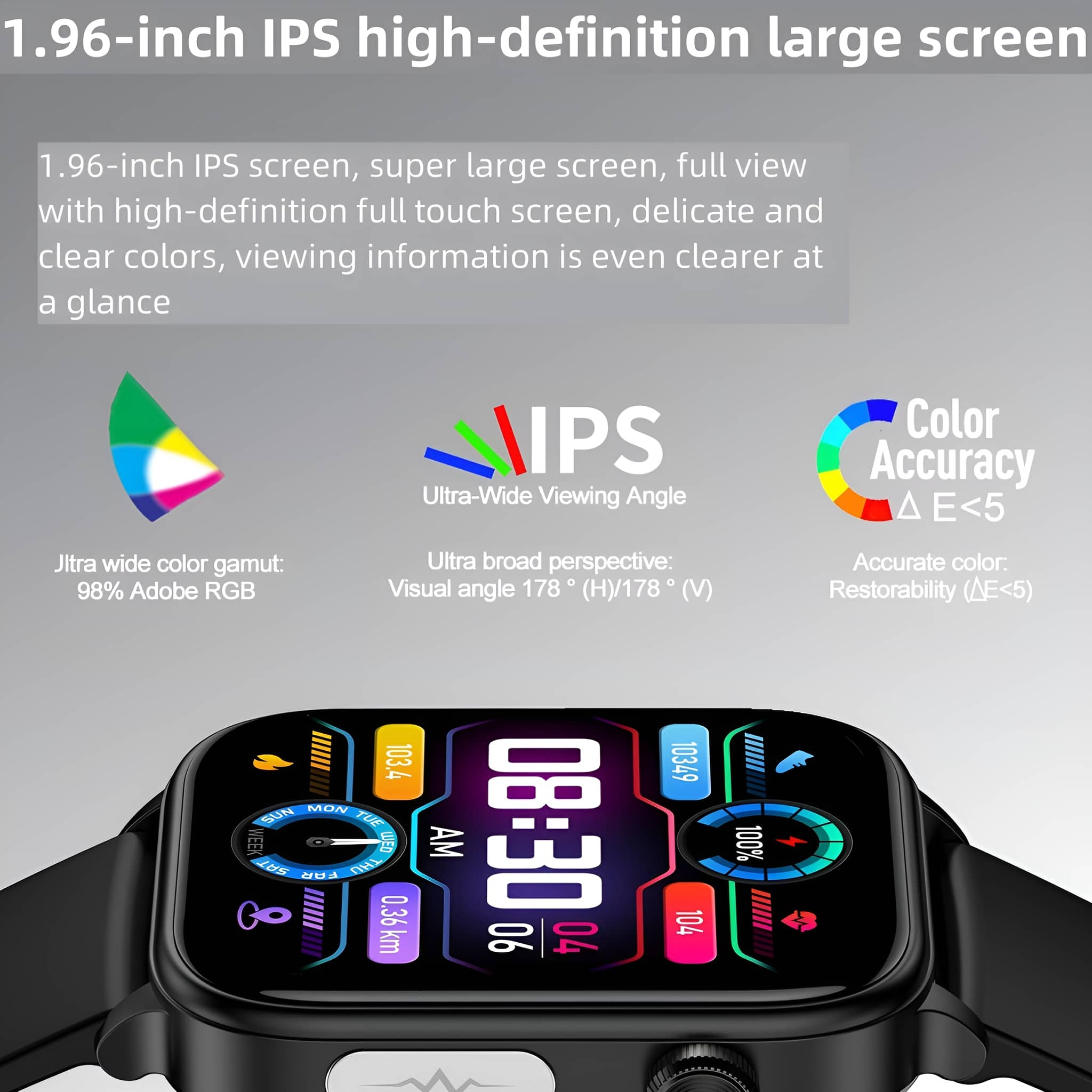 Eine schwarze Smartwatch mit Touchscreen, die Zeit und Gesundheitsdaten anzeigt.