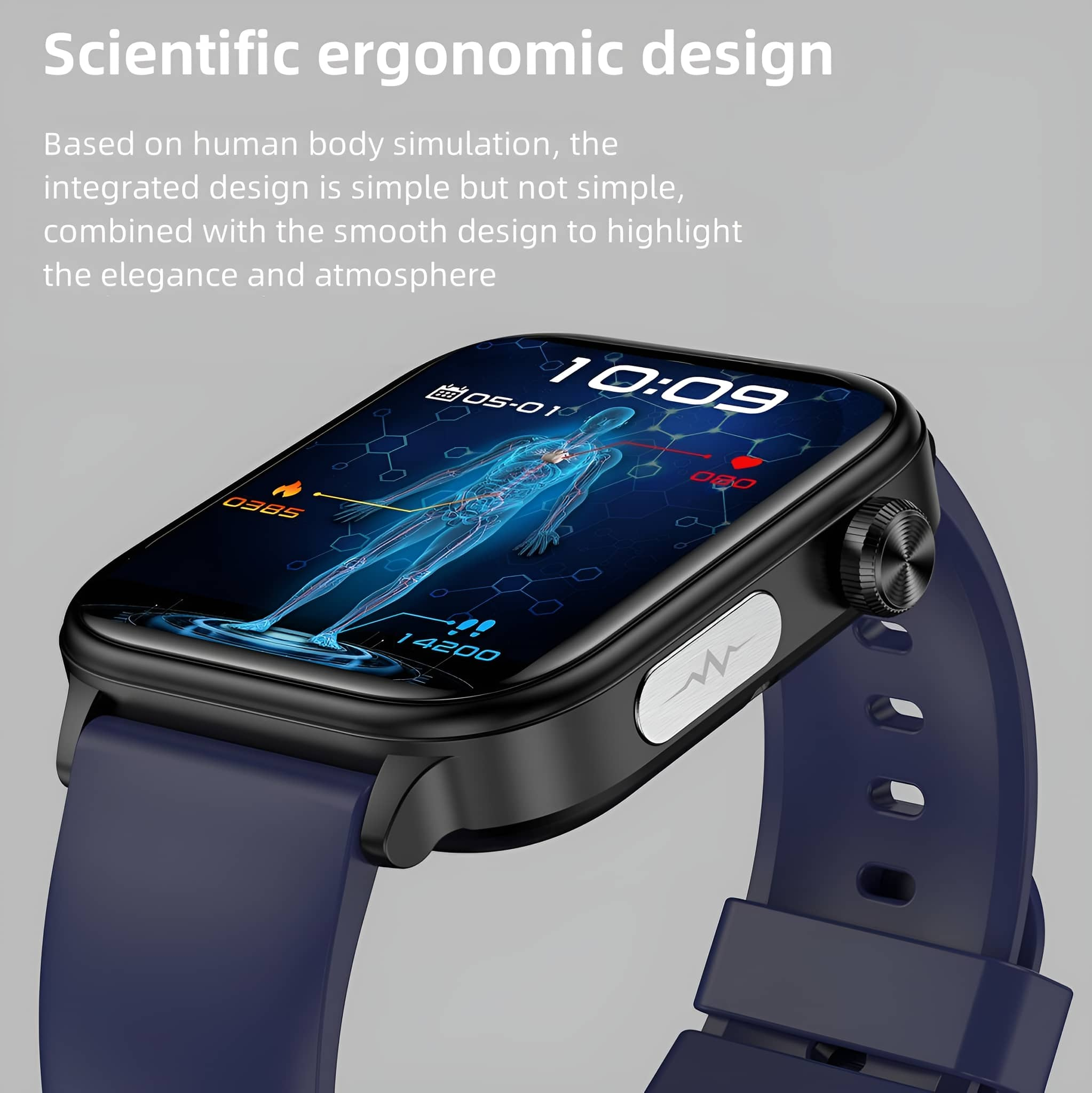 Schwarze Smartwatch an einem blauen Armband. Das Zifferblatt zeigt ein menschliches Körperdiagramm und Daten.