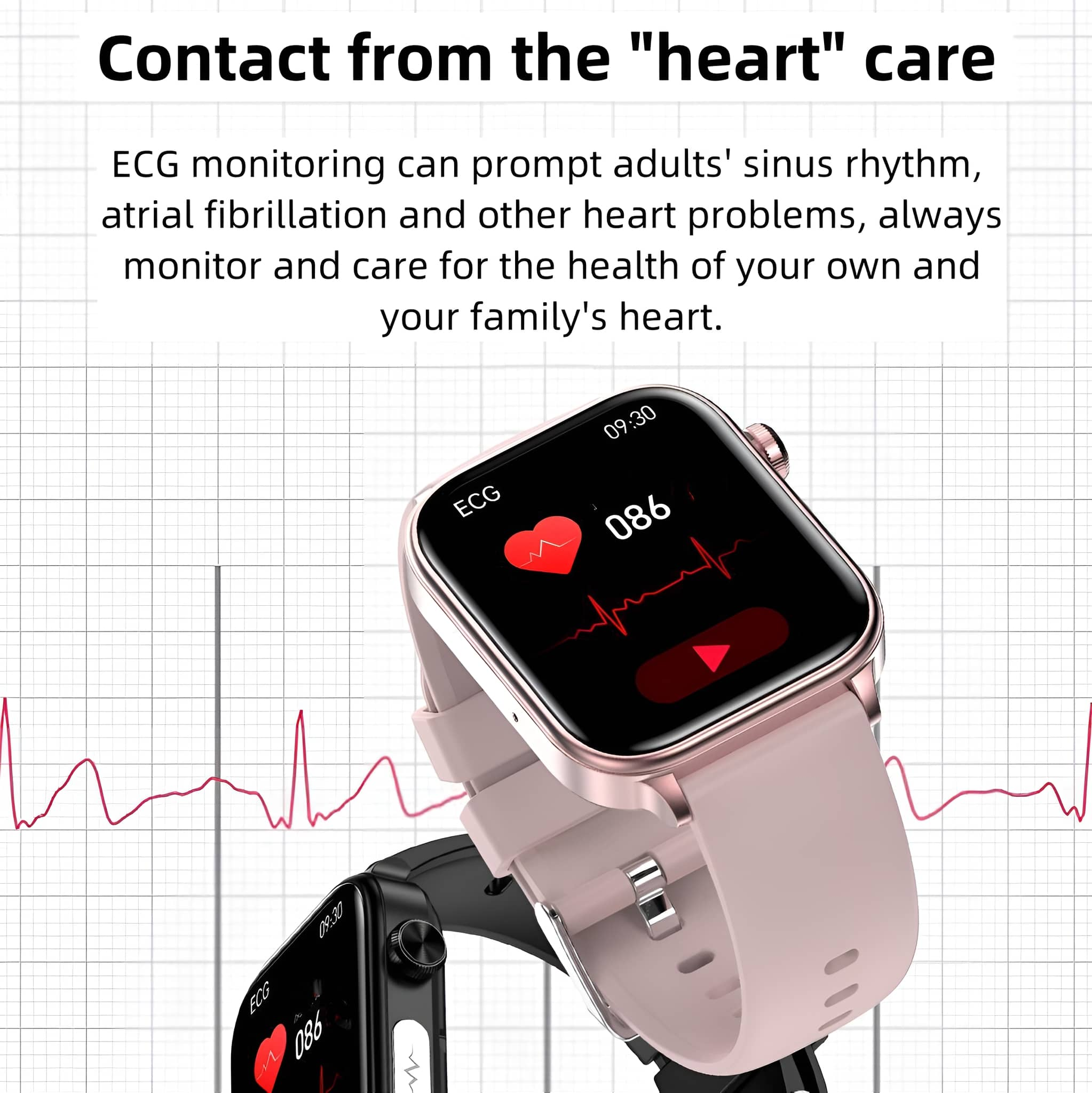 Smartwatch zeigt EKG-Messung, mit zwei Uhren im Vordergrund.
