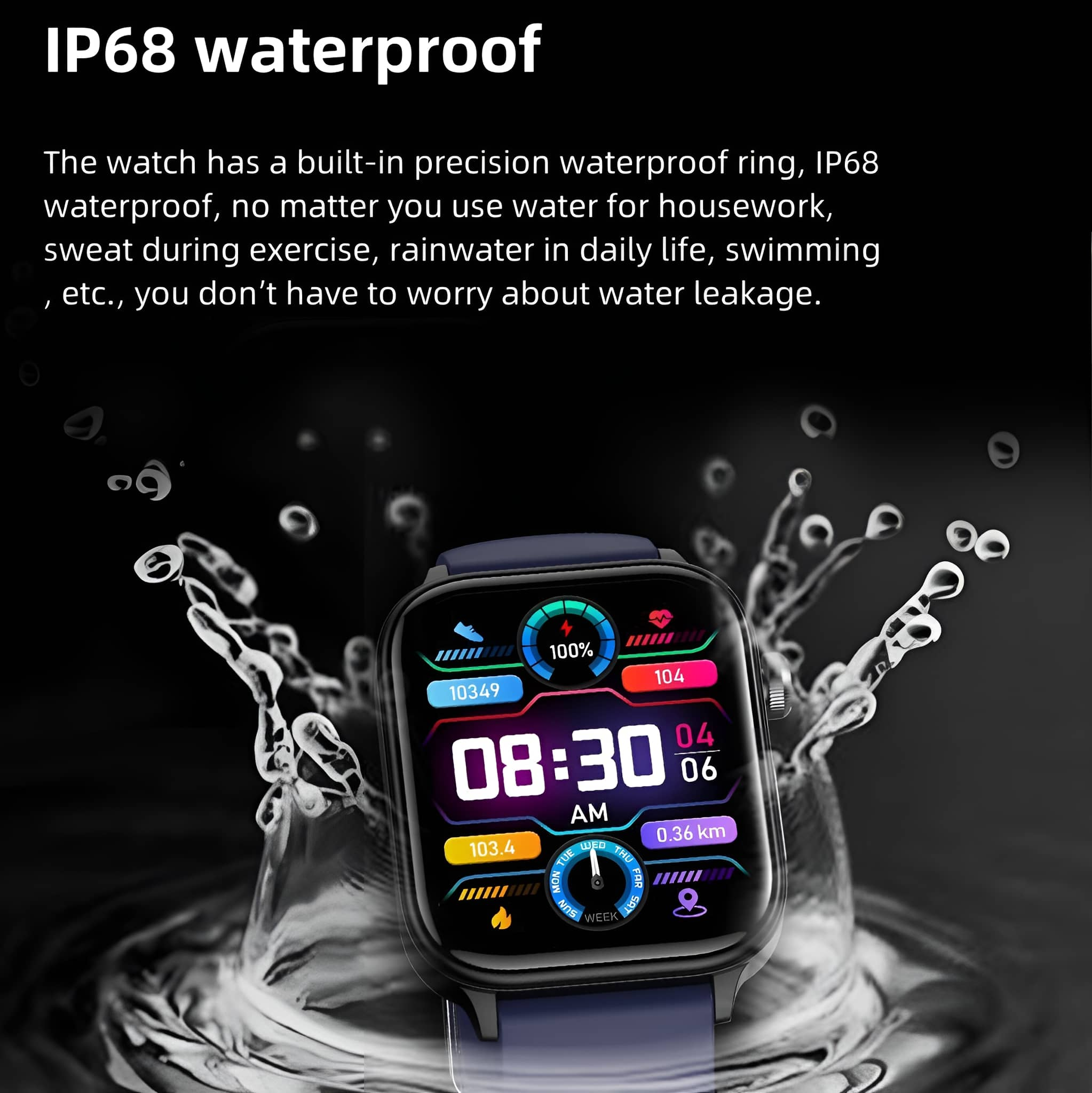 Eine Smartwatch in einem Wasserspritzer. Die Uhr hat ein schwarzes Armband und zeigt Uhrzeit, Aktivitätsstatistiken.