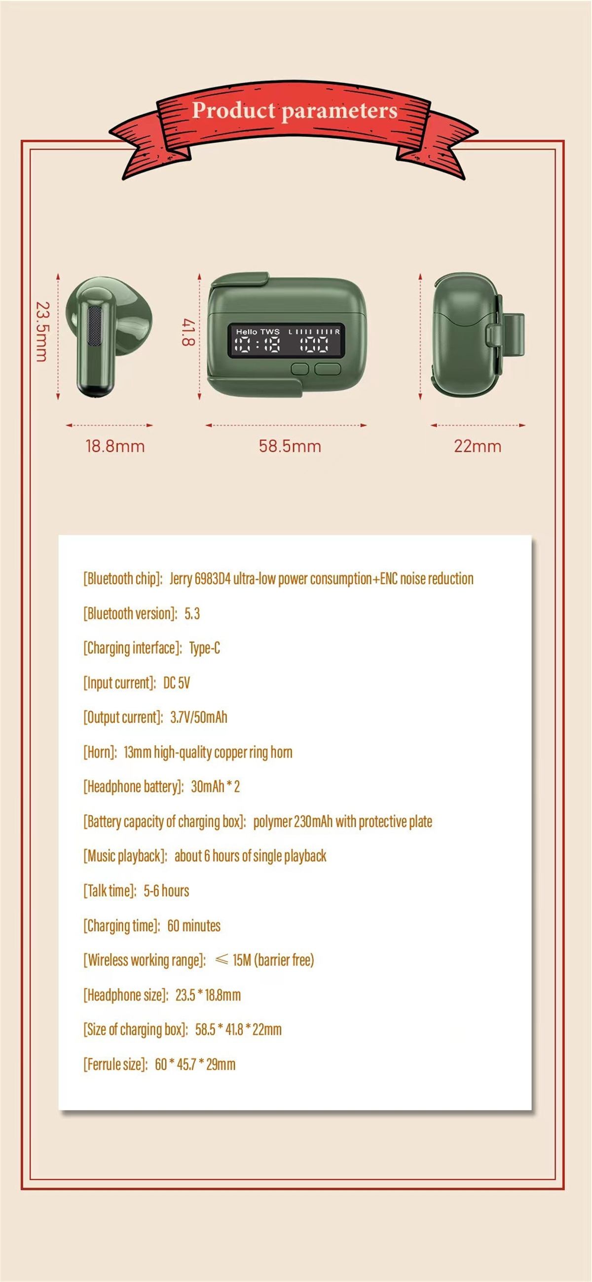 Ohrhörer und Ladeetui, Produktparameter angezeigt. Weißer Hintergrund, olivgrünes Farbschema.