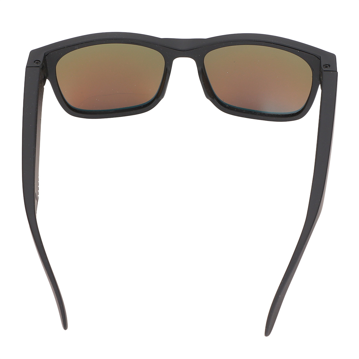 Schwarze Sonnenbrille, Draufsicht. Goldfarbene Gläser. Schwarzer Rahmen.