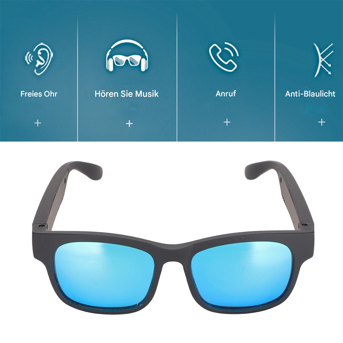 Schwarze Sonnenbrille mit blauen Gläsern, mit Symbolen für Ohren, Musik, Telefon und Blaulicht.