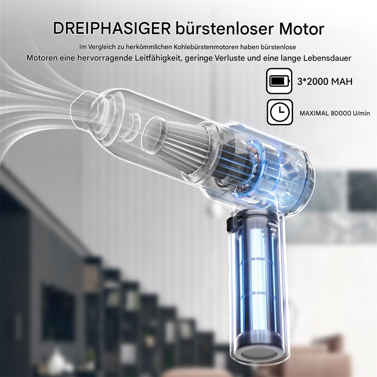 Staubsaugermotordiagramm. Transparente Ansicht zeigt interne Komponenten und Batterie.