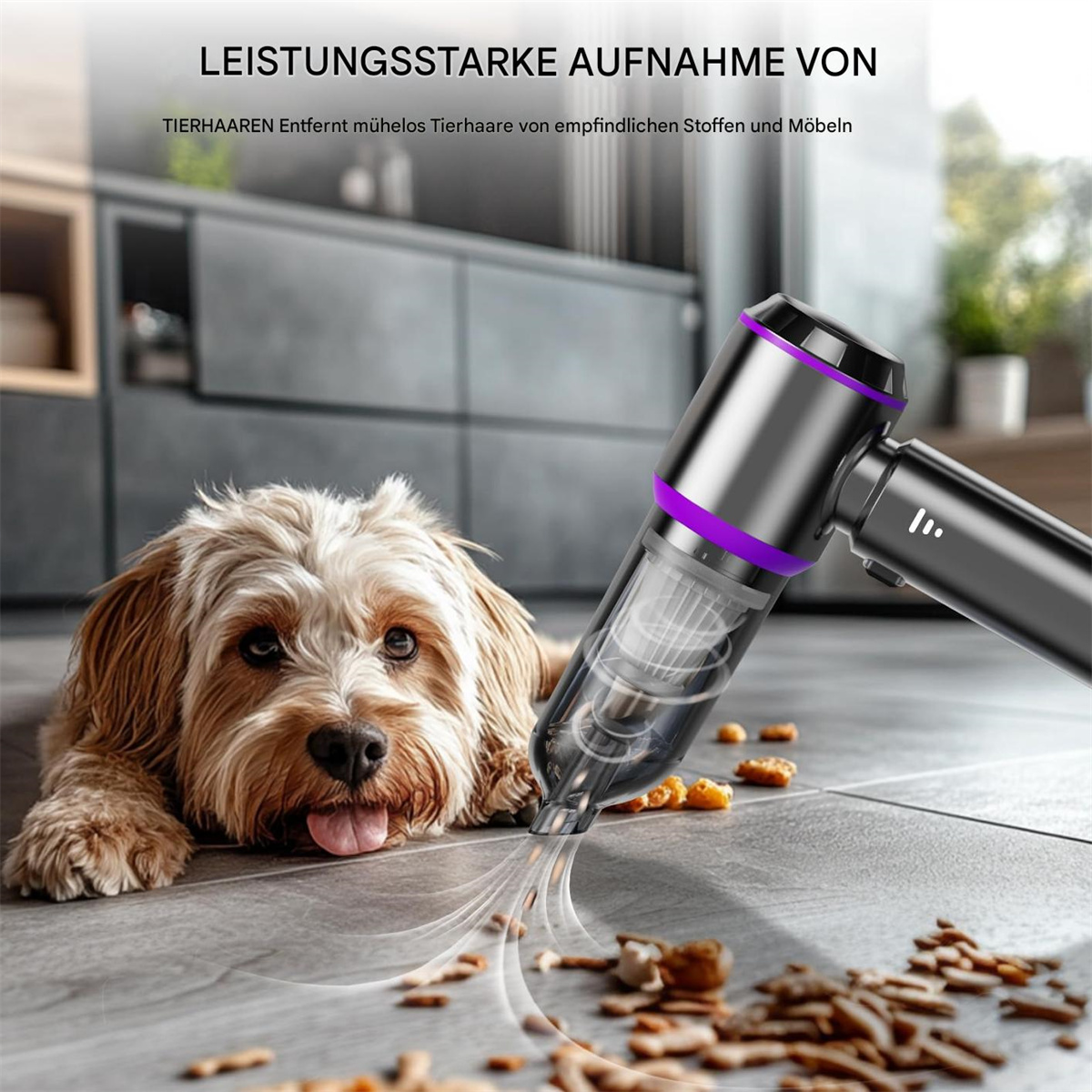 Ein Hund liegt neben einem Staubsauger. Der Staubsauger ist schwarz und lila. Tierfutter liegt auf dem Boden.