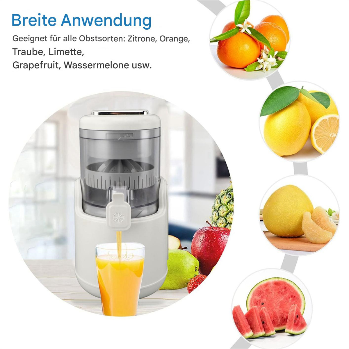 Weißer Entsafter mit Orangensaft im Glas. Früchte wie Orangen, Zitrone und Wassermelone sind dabei.