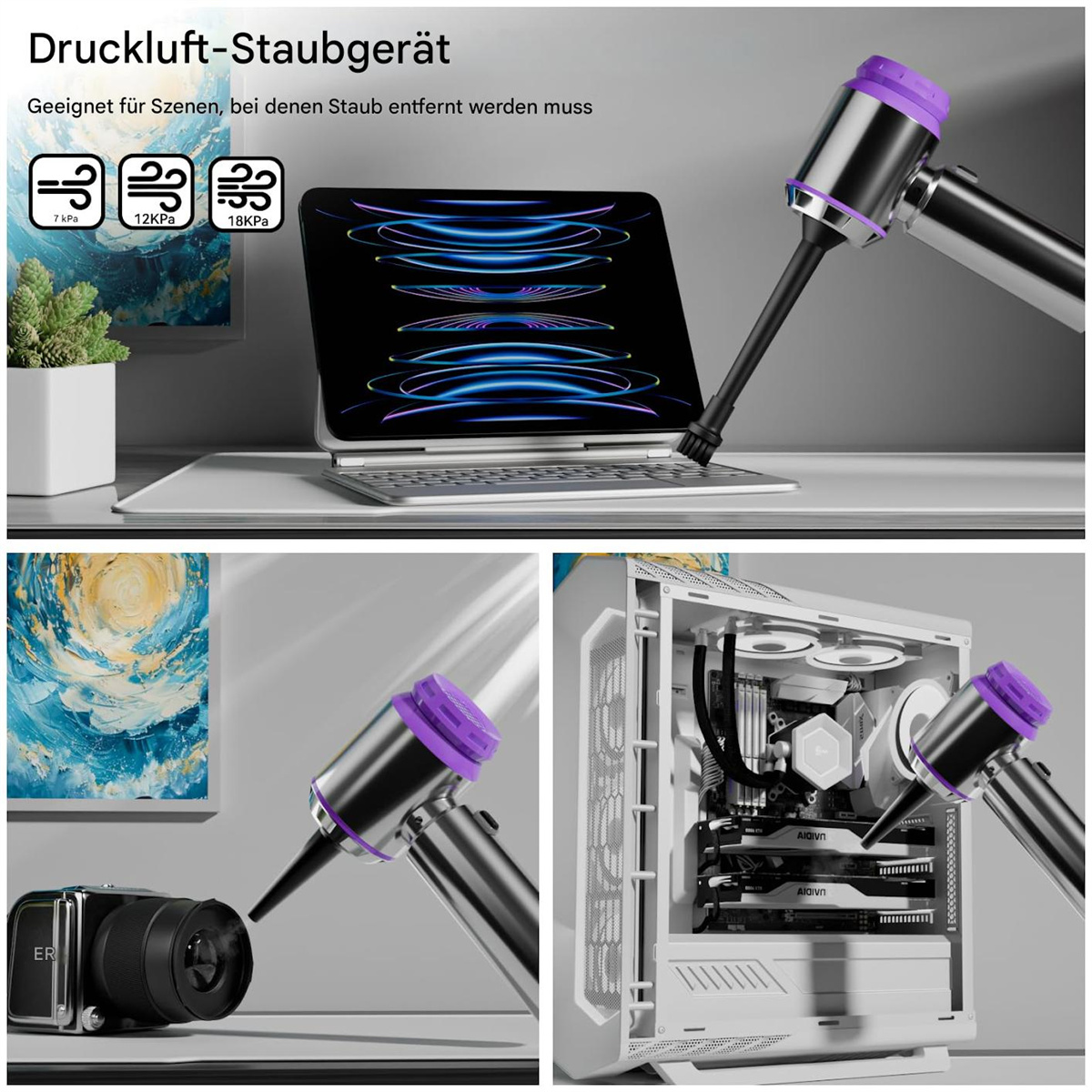 Ein Luftentstauber reinigt ein Tablet, eine Kamera und Computerkomponenten.