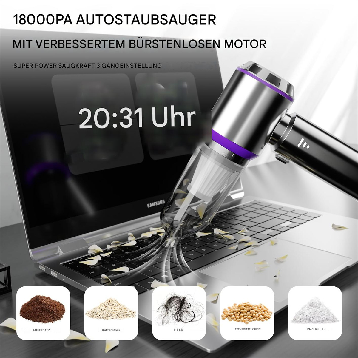 Handstaubsauger reinigt Laptop, mit Schmutz-Illustrationen und Zeitanzeige.