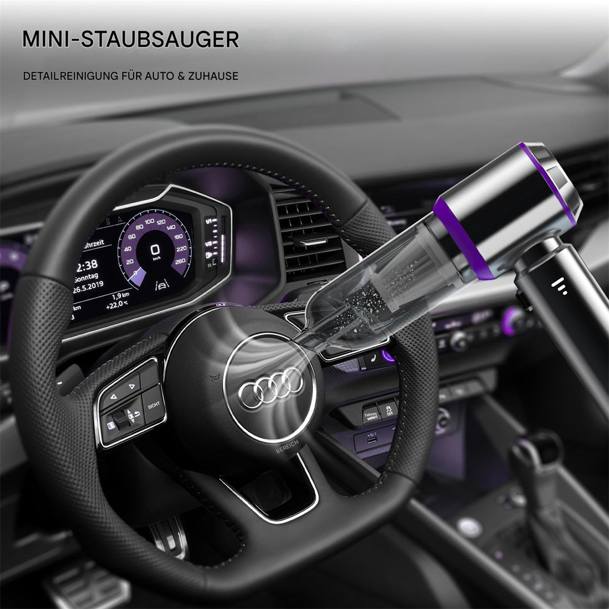 Autointerieur mit Handstaubsauger. Armaturenbrett im Hintergrund. Lila Akzente.