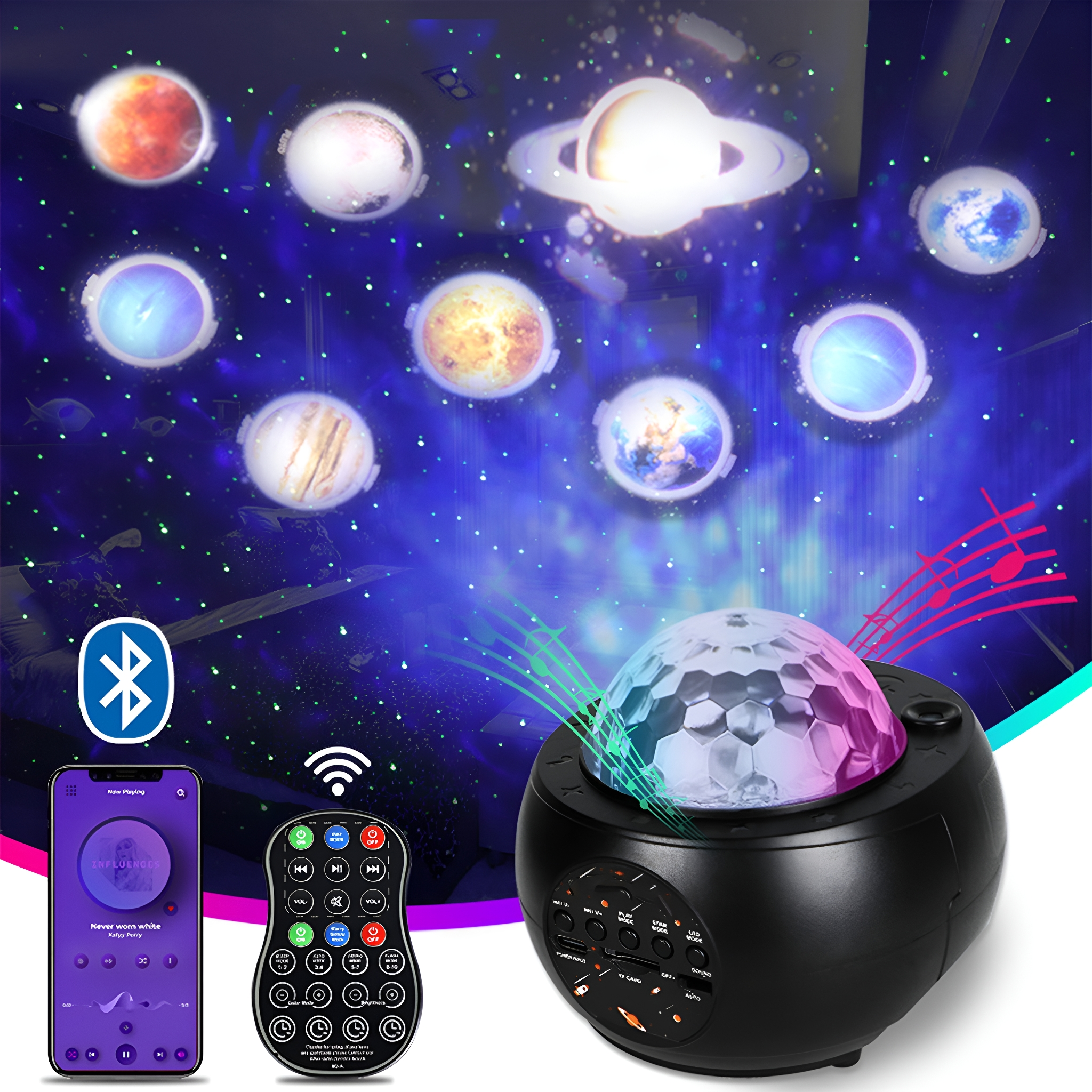 Schwarzer Projektor mit Planeten an der Wand und Handy mit Musik.