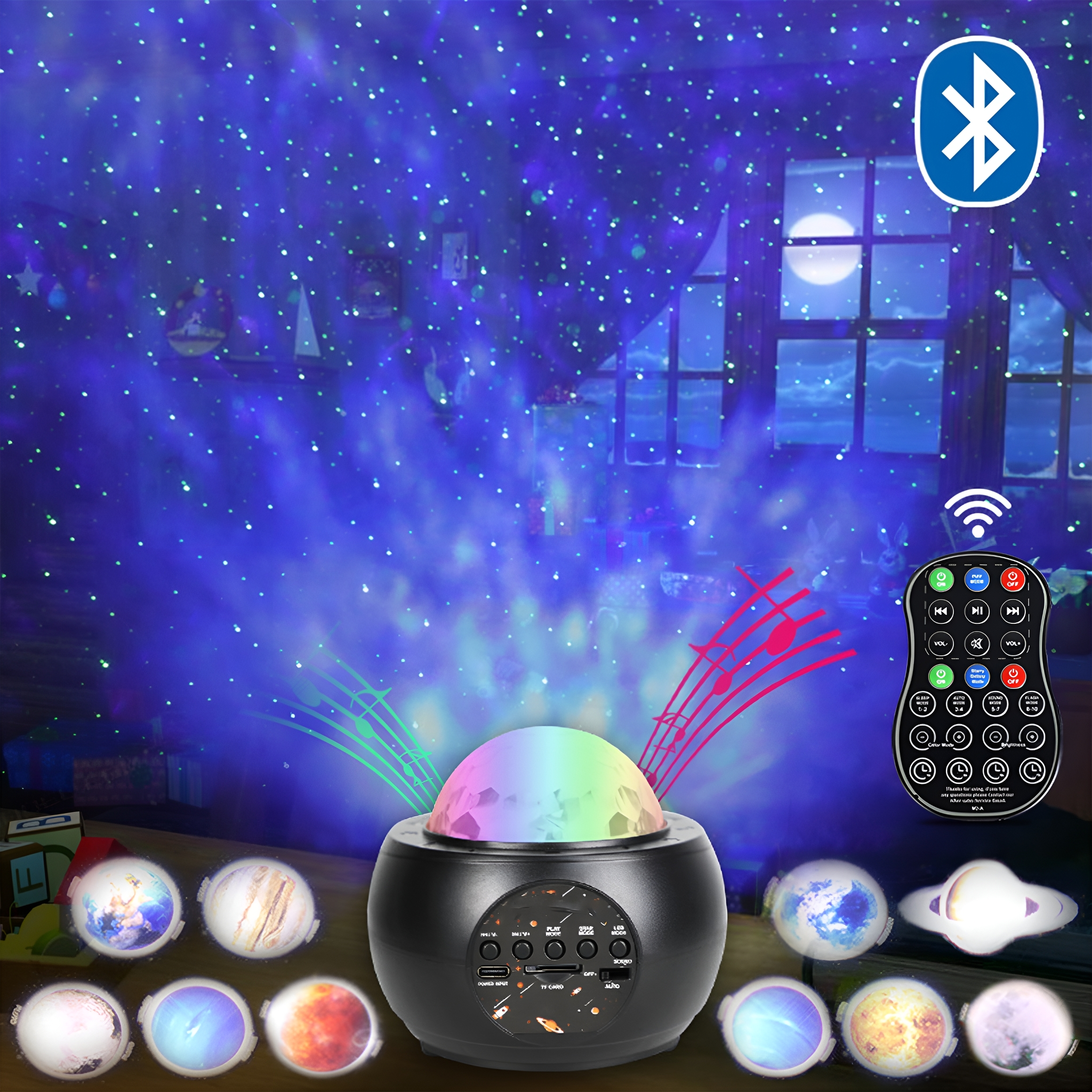 Ein Galaxy-Projektor projiziert Sterne und Nebel. Eine Fernbedienung befindet sich im Vordergrund.