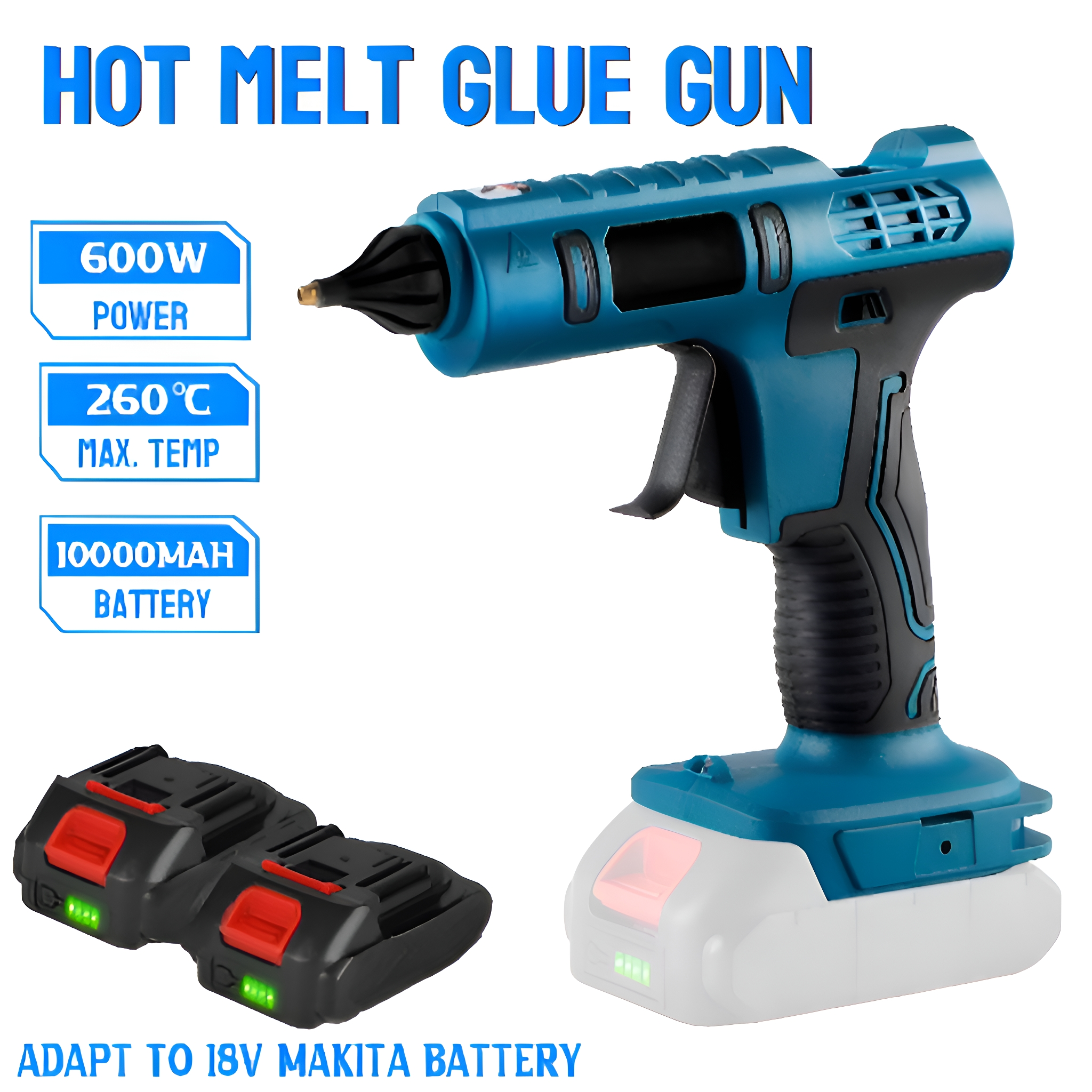 Blaue Heißklebepistole mit Griff und zwei schwarzen Akkus. Es hat Etiketten.