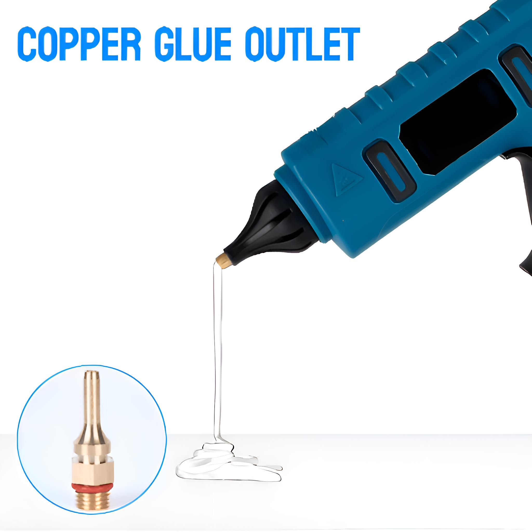 Eine blaue Klebepistole mit herausfließendem Kleber und eine Nahaufnahme des Klebstoffauslasses.
