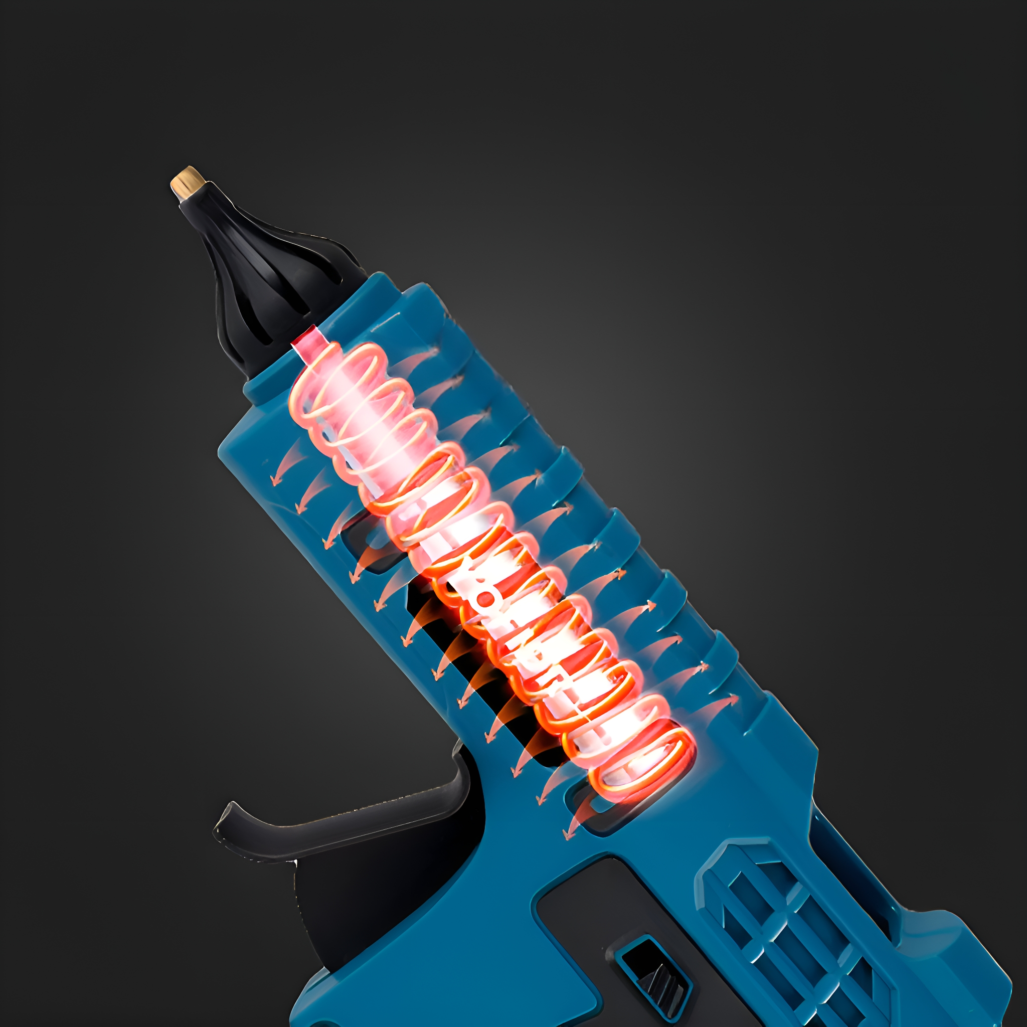 Blaue Klebepistole mit Einblick ins Heizelement. Das Heizelement leuchtet rot.