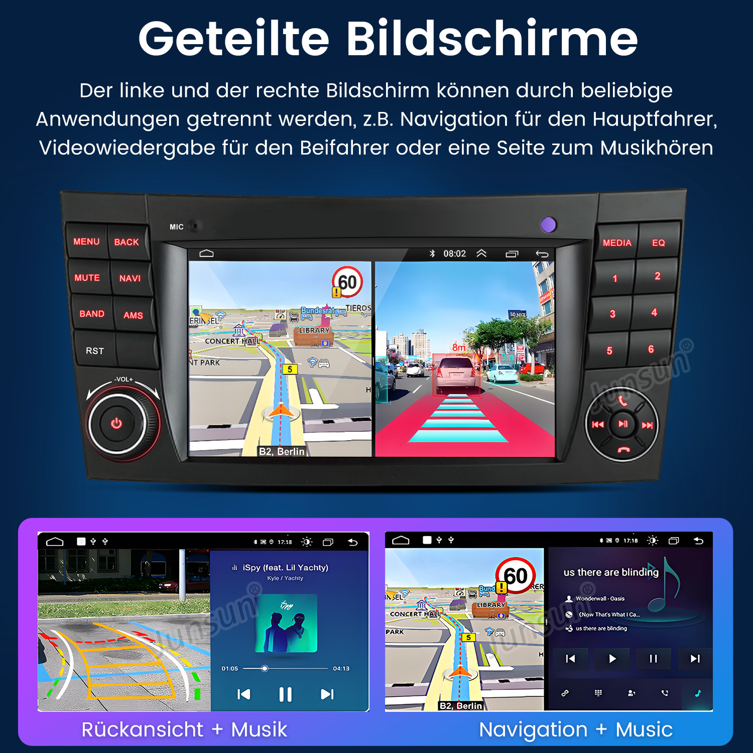 Autoradio-Bildschirm mit Navigation und Musik. Knöpfe sind auf beiden Seiten sichtbar.