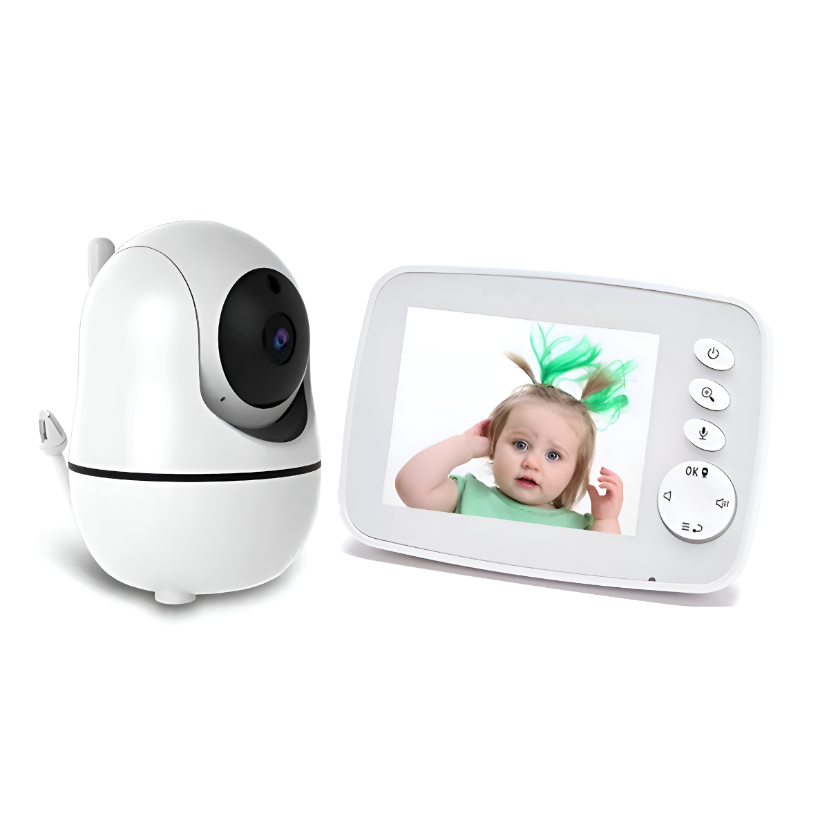 Ein Babyphone mit Kamera und Bildschirm. Der Bildschirm zeigt ein Baby Mädchen mit grünen Haaren.
