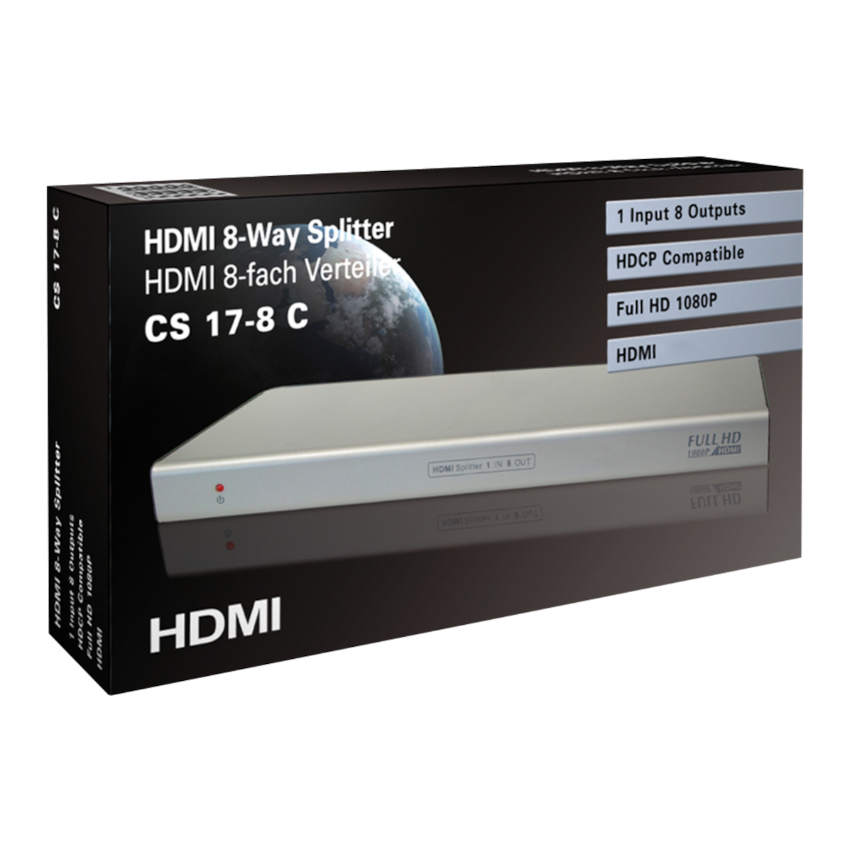 HDMI-Splitter-Box. Sie ist silber und schwarz, mit Text über ihre Funktionen und Anschlüsse. Sie ist in einer Box.