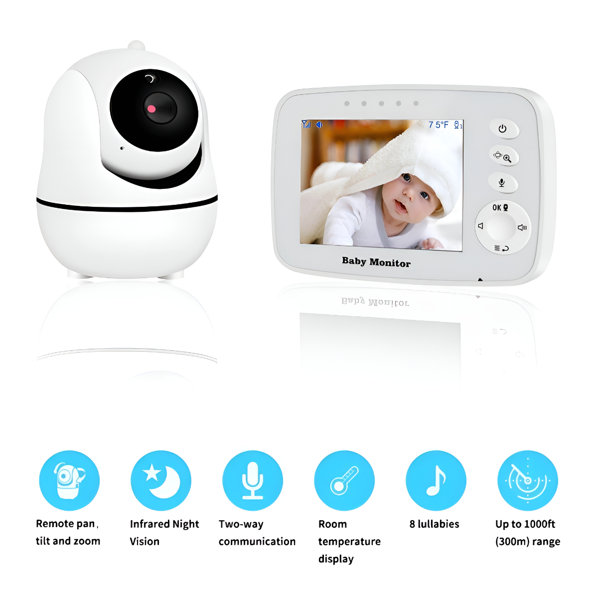 Weißer Babyphone mit Kamera und Bildschirm, das Baby zeigt.