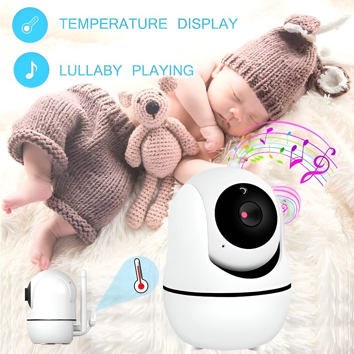 Ein schlafendes Baby mit einer Überwachungskamera und einem Teddybären.