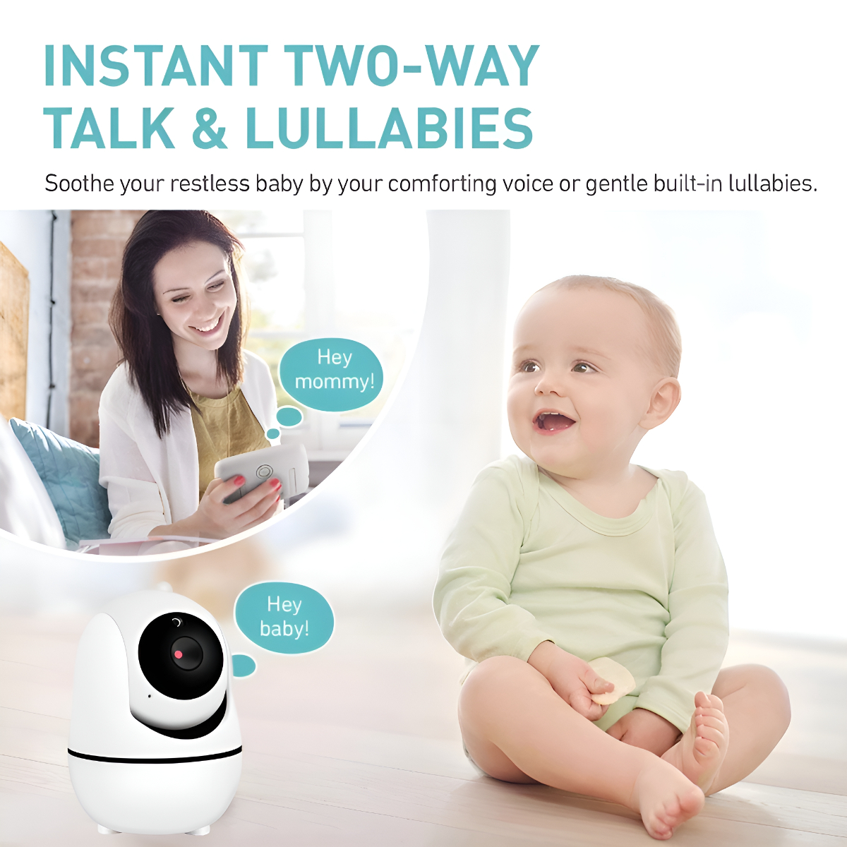 Ein Baby und eine Mutter interagieren. Das Baby lächelt und schaut auf eine Überwachungskamera.
