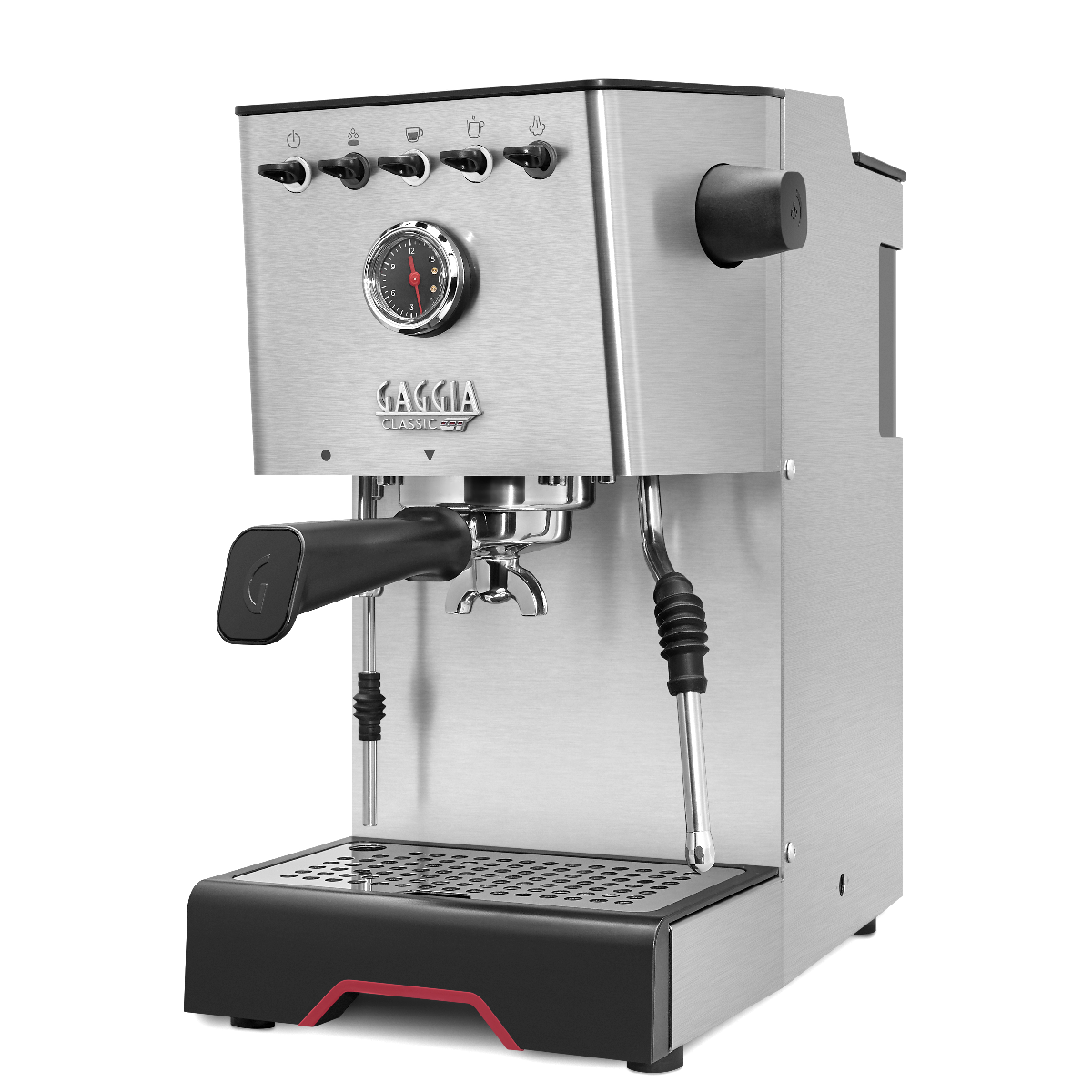 Siyah bir tutacağı ve göstergeleri olan paslanmaz çelik bir espresso makinesi. Makine açık.