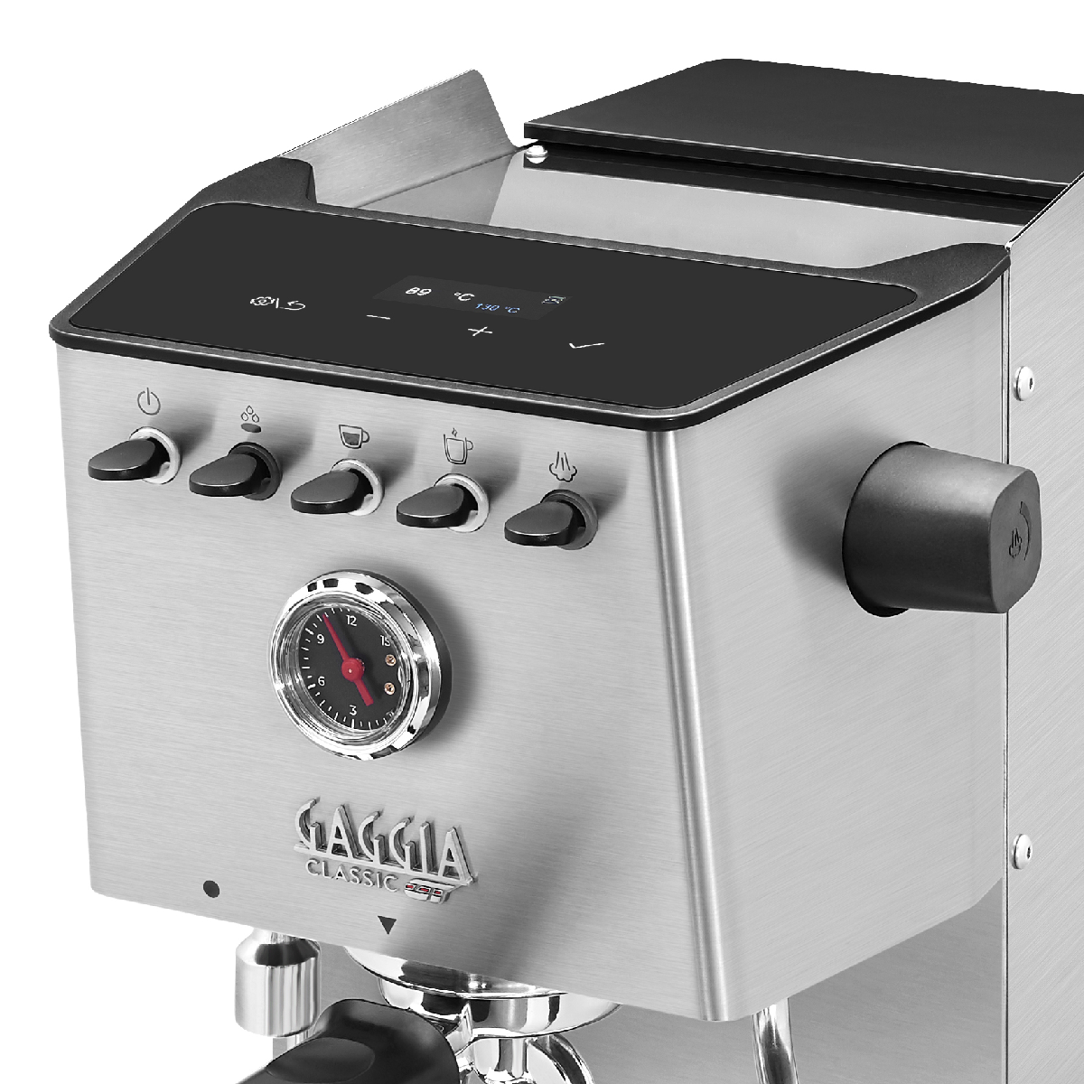 Nahaufnahme einer Espressomaschine mit Zifferblatt und Knöpfen. Silbernes Finish.