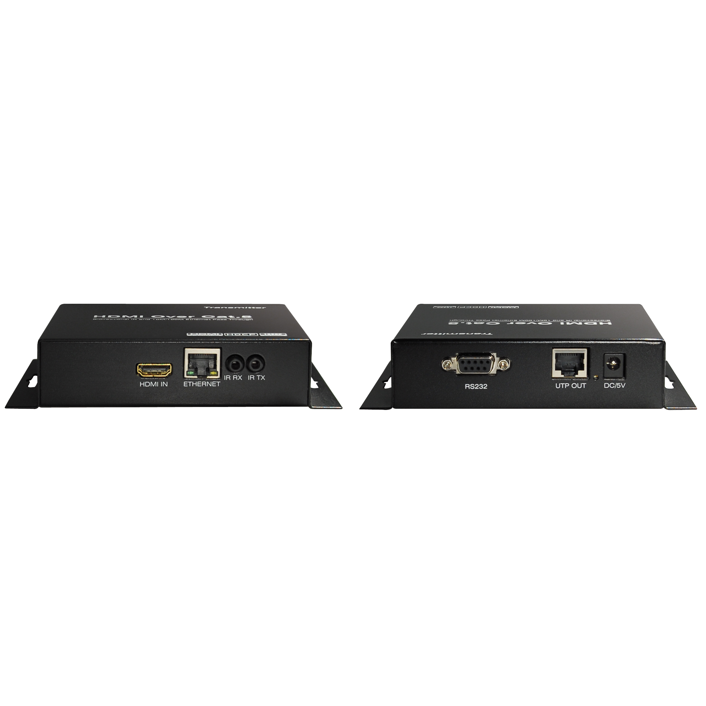Zwei schwarze HDMI-über-Kabel-Geräte. Anschlüsse: HDMI, Ethernet, RS232 und DC/16V.