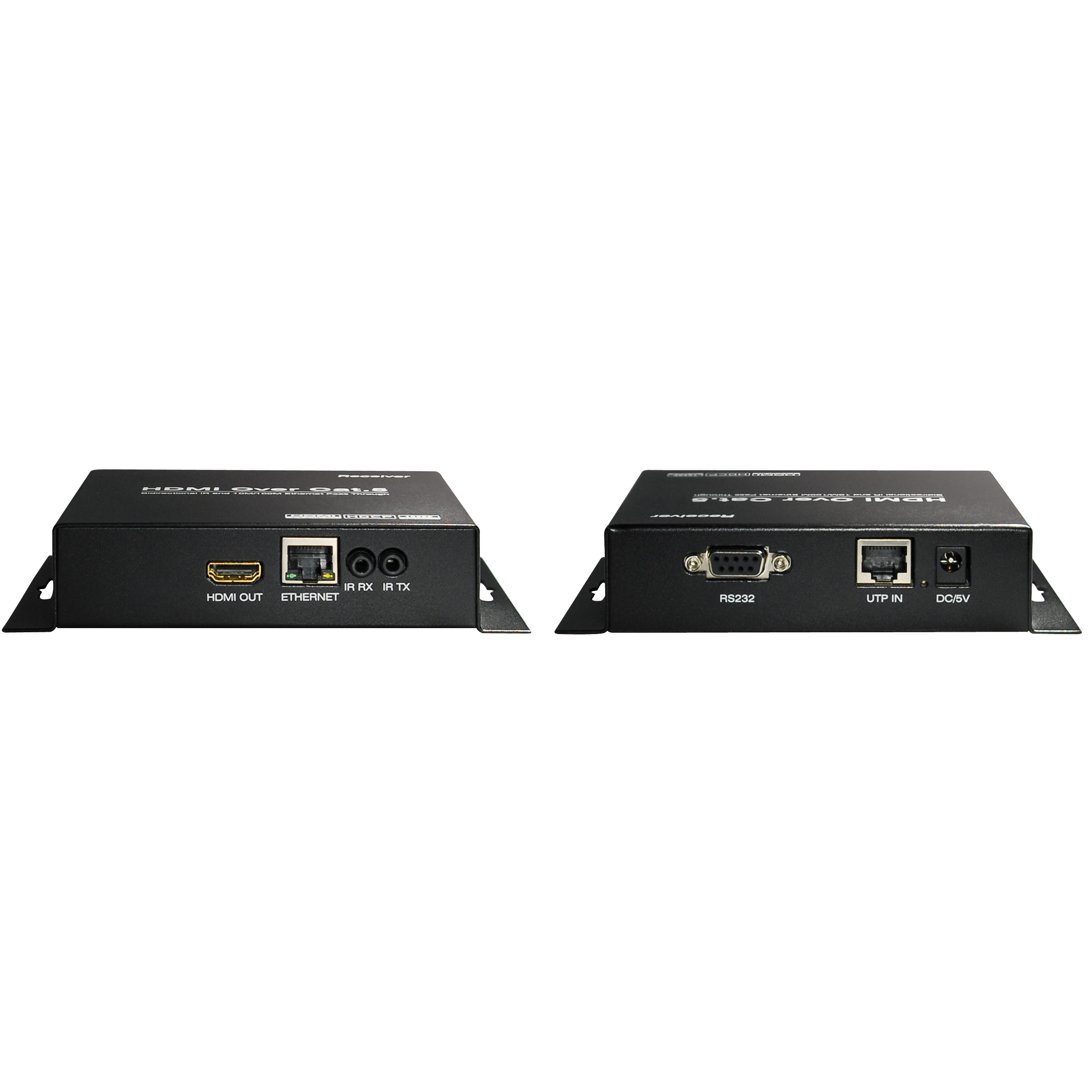 Zwei schwarze HDMI-Konverter mit Anschlüssen auf weißem Hintergrund.