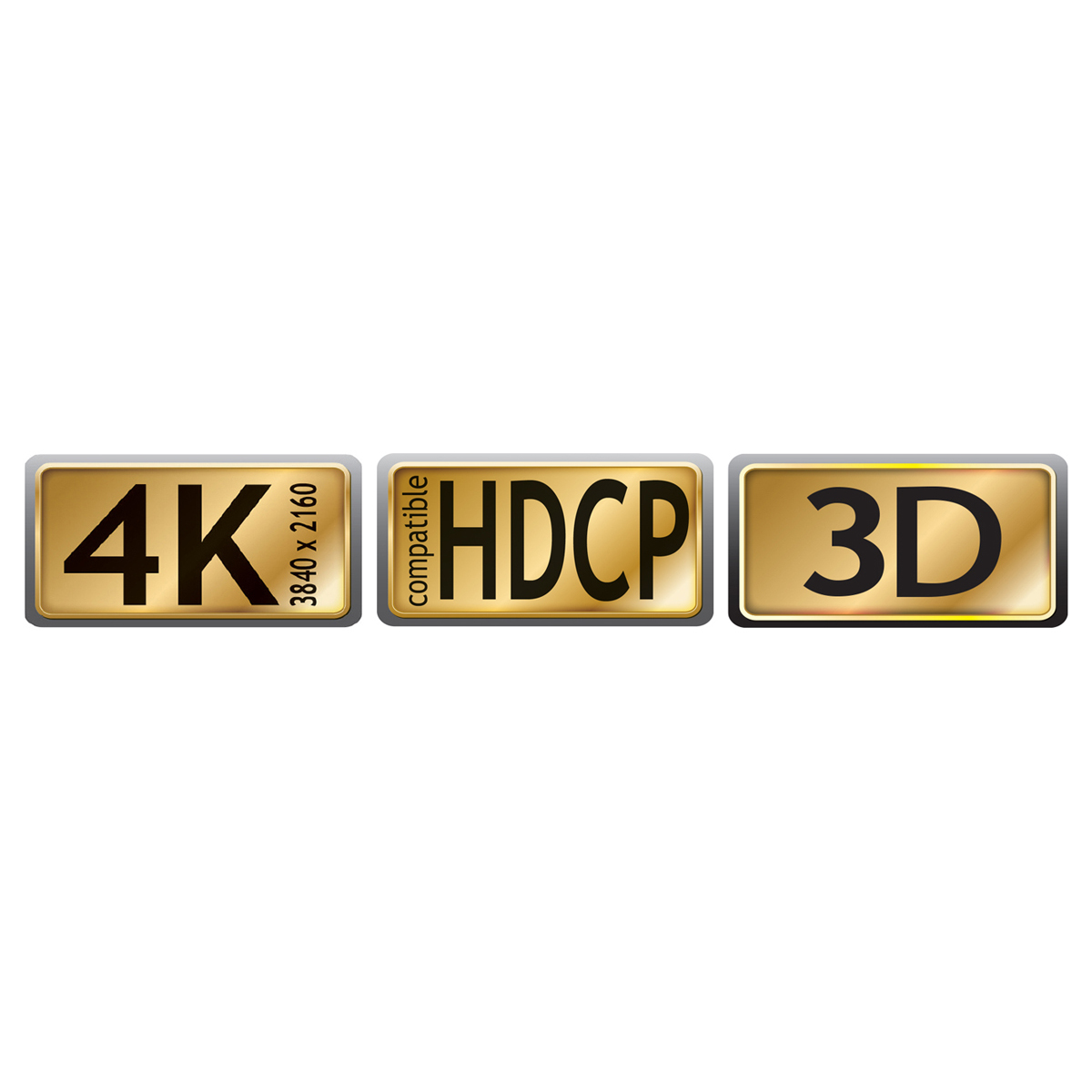 Drei goldfarbene Symbole, die 4K-, HDCP- und 3D-Kompatibilität anzeigen, auf weißem Hintergrund.