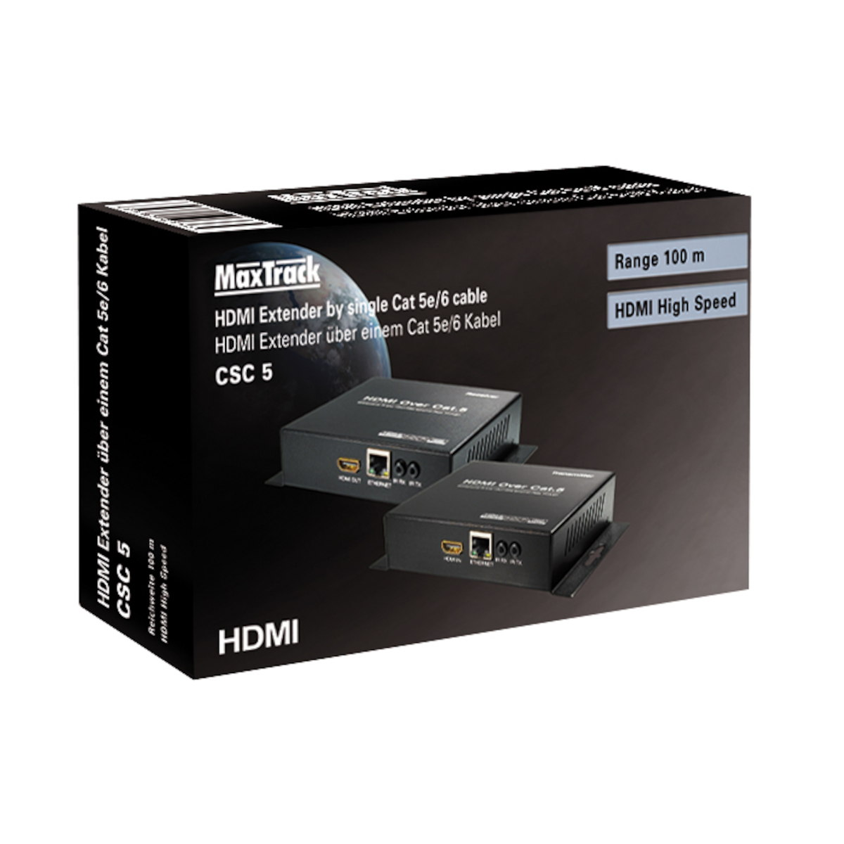 Eine Box mit der Aufschrift HDMI Extender. Schwarze Box mit zwei Geräten. Weißer Hintergrund.