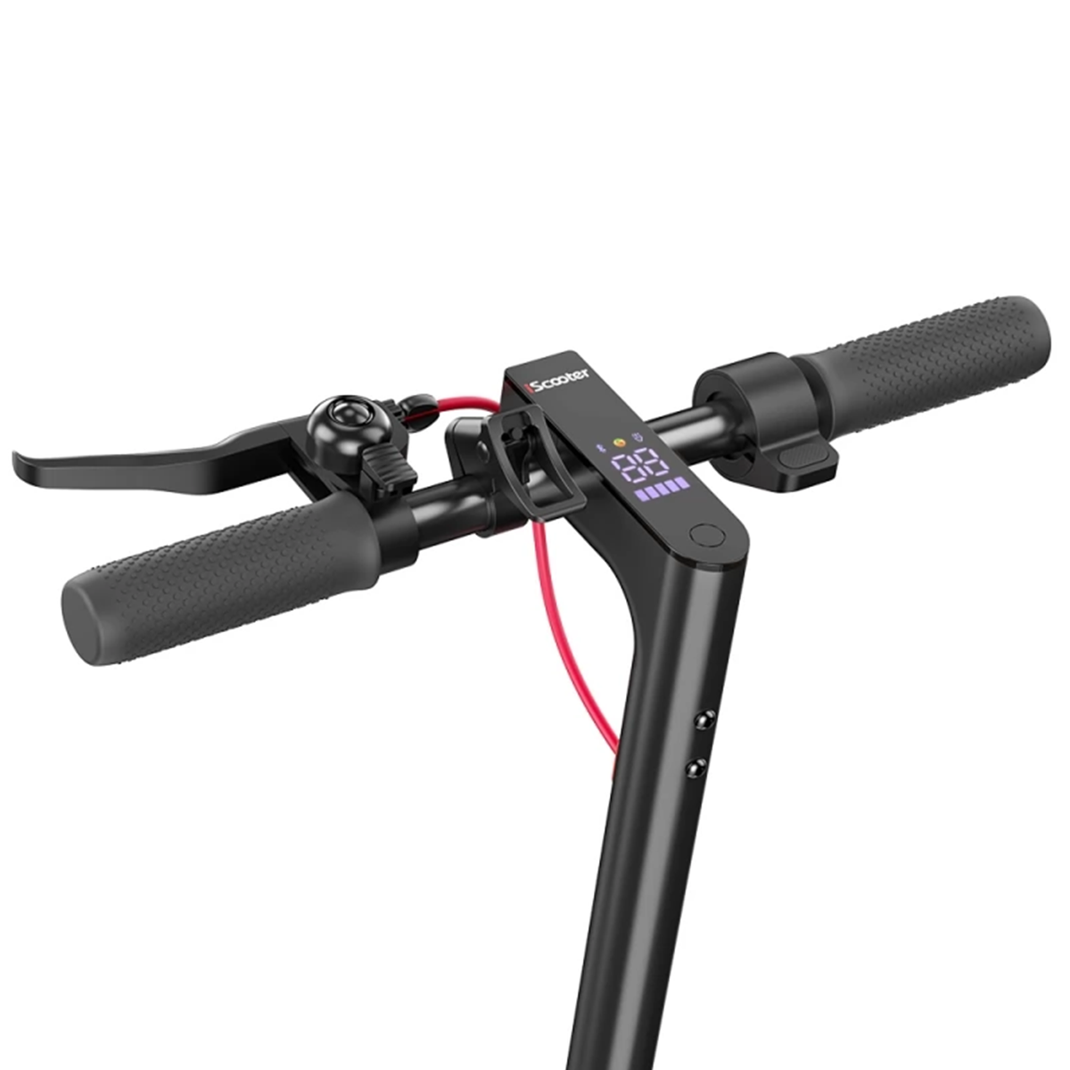 Czarna kierownica hulajnogi elektrycznej z wyświetlaczem. Zawiera elementy sterujące, dźwignie i czerwony kabel.
