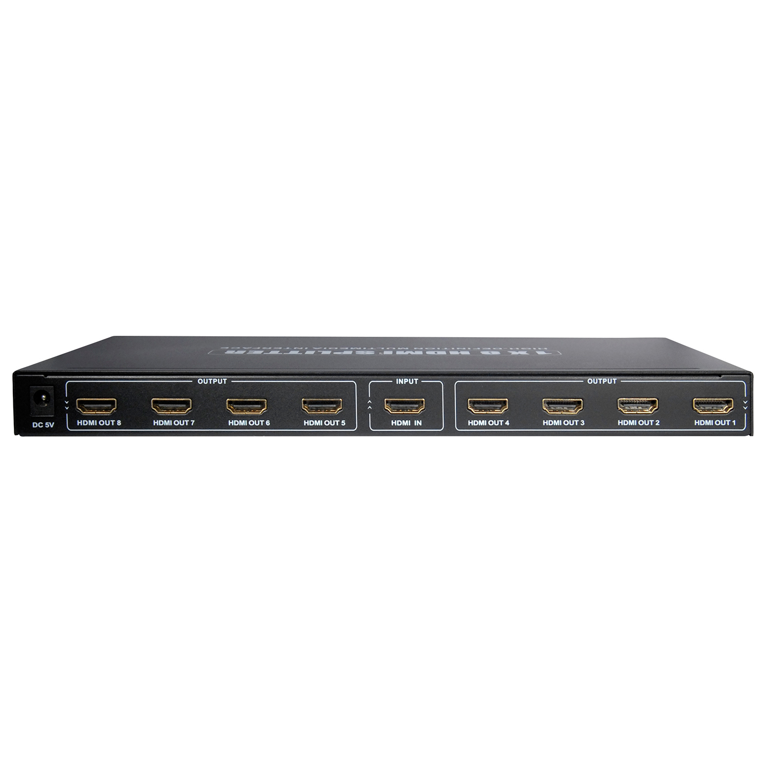 Ein schwarzer HDMI-Splitter mit mehreren Ein- und Ausgängen.