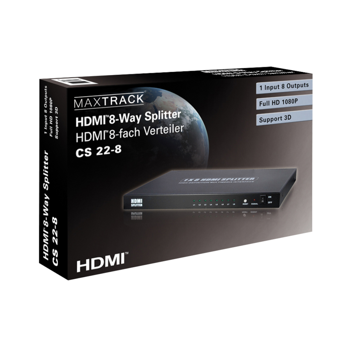 HDMI 8-fach Splitter-Box mit Produkt und Funktionen auf weißem Hintergrund.